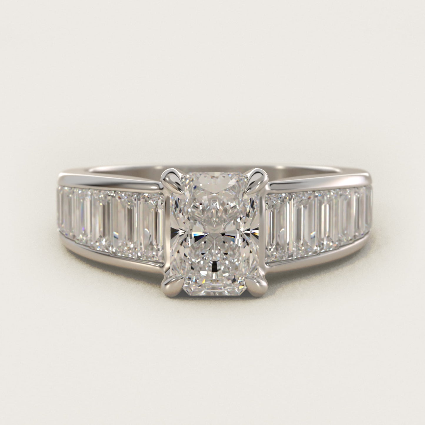 Baguette Channel Diamond Engagement Ring in 18k White Gold - Radiant Center