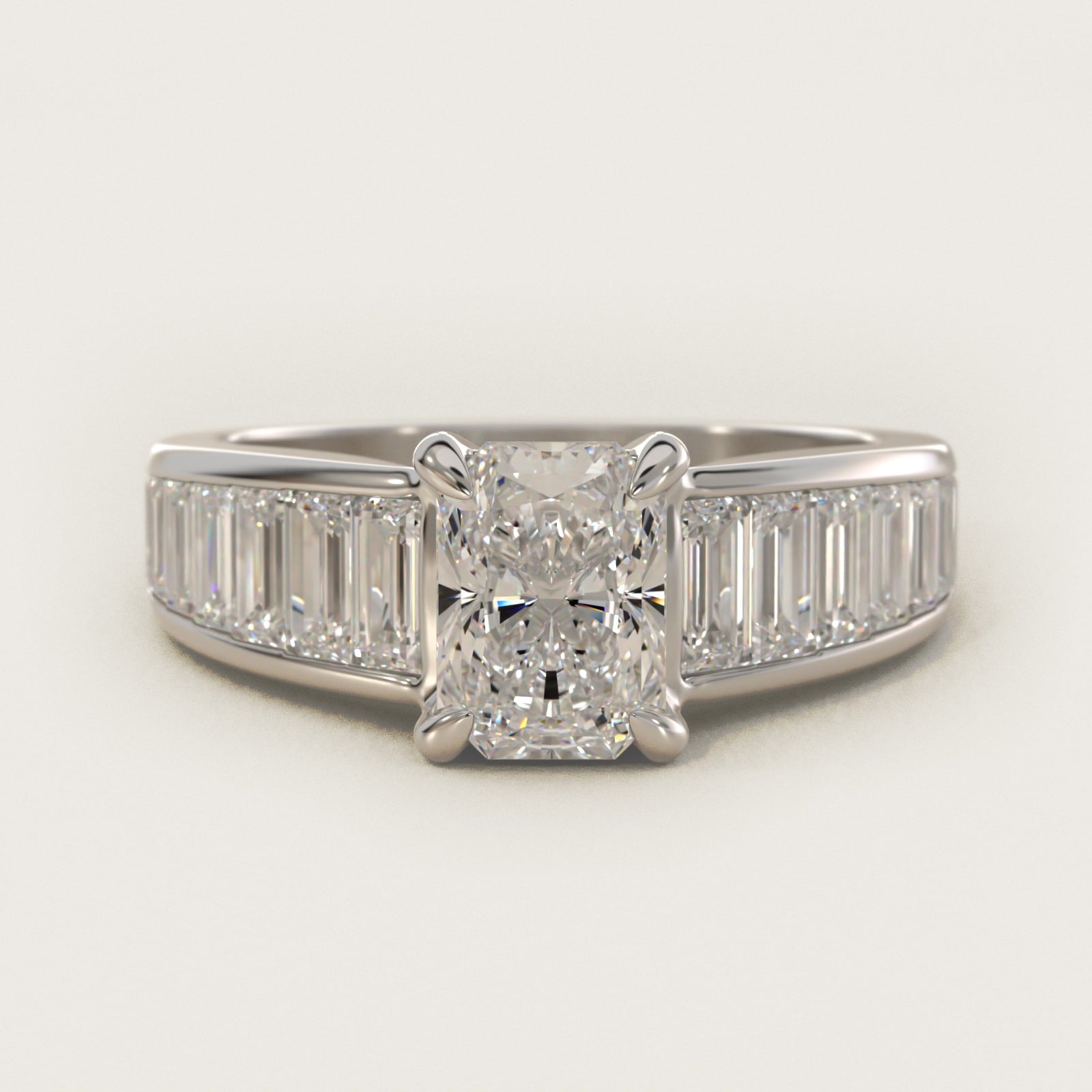Baguette Channel Diamond Engagement Ring in 18k White Gold - Radiant Center