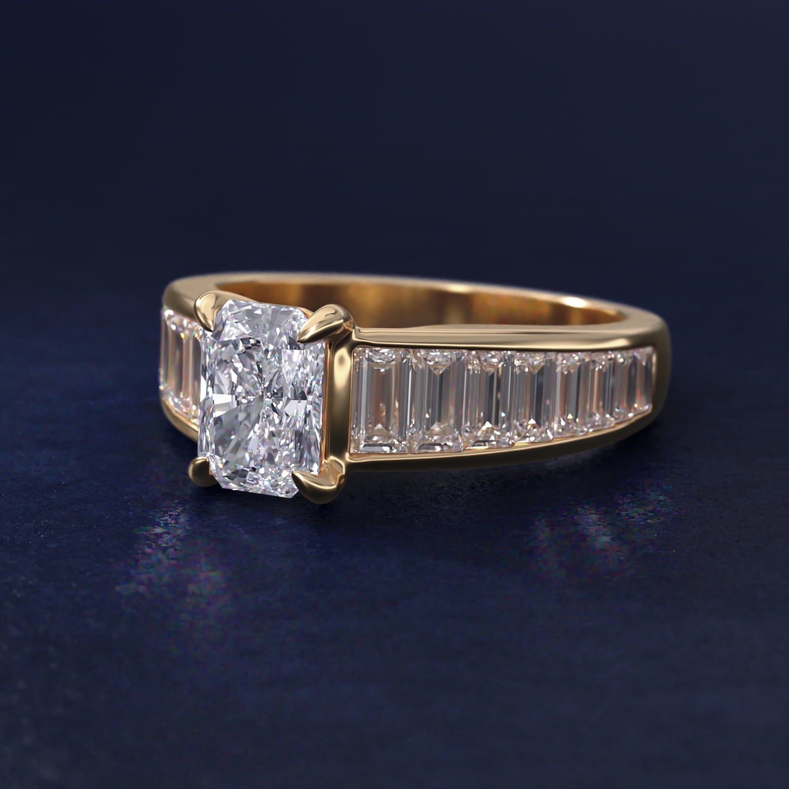 Baguette Channel Diamond Engagement Ring in 18k Yellow Gold - Radiant Center