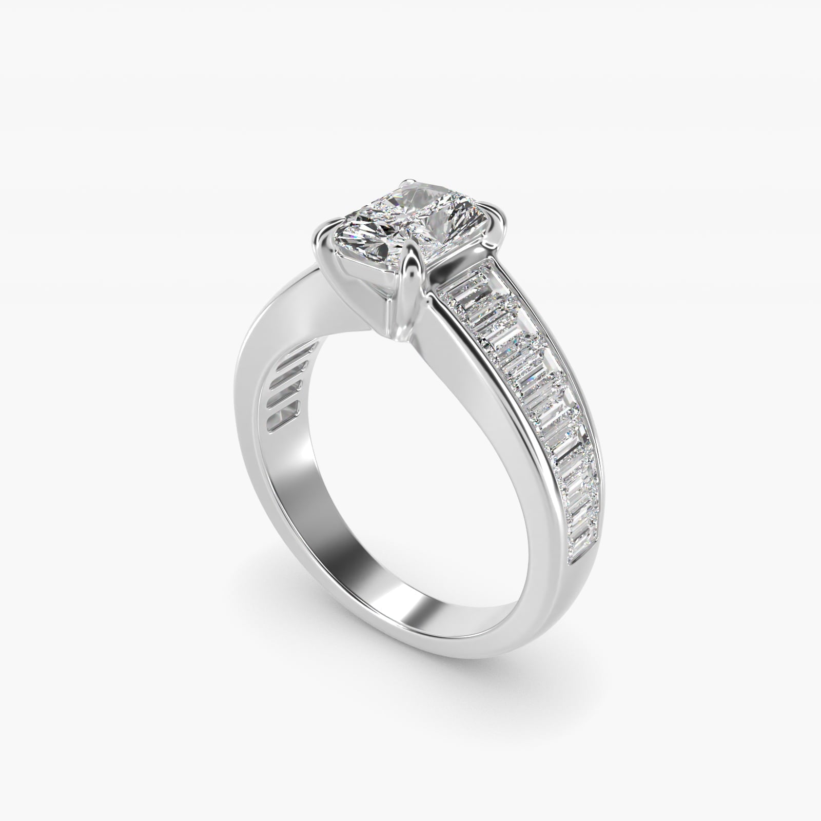 Baguette Channel Diamond Engagement Ring in Platinum - Radiant Center