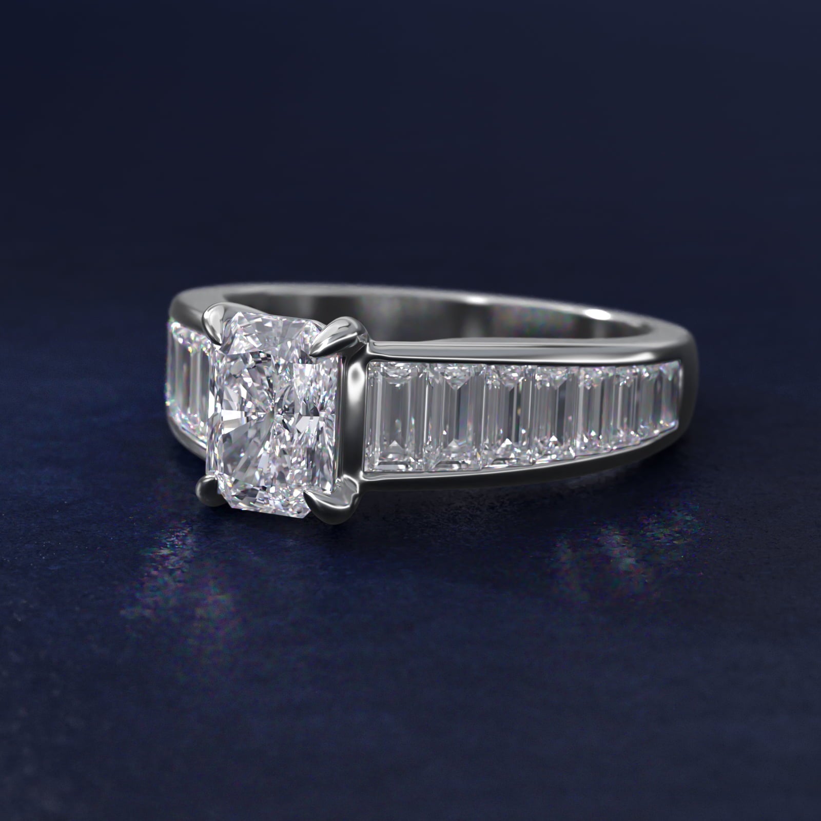Baguette Channel Diamond Engagement Ring in Platinum - Radiant Center