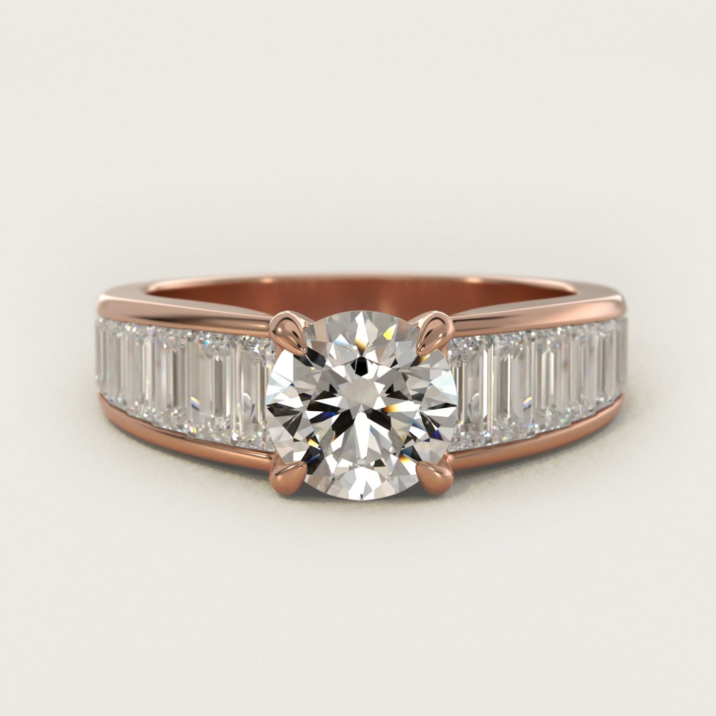 Baguette Channel Diamond Engagement Ring in 18k Rose Gold - Round Center