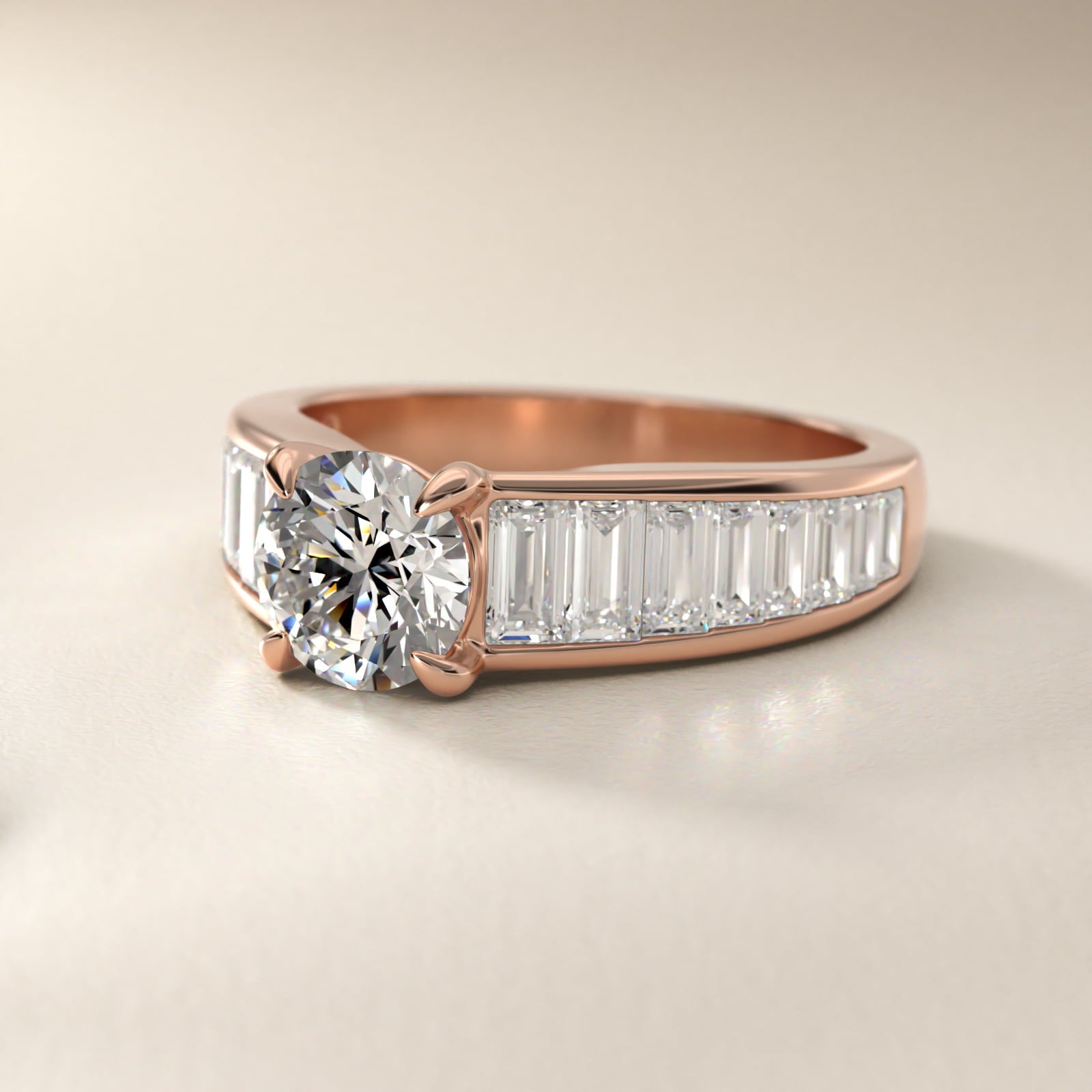 Baguette Channel Diamond Engagement Ring in 14k Rose Gold - Round Center
