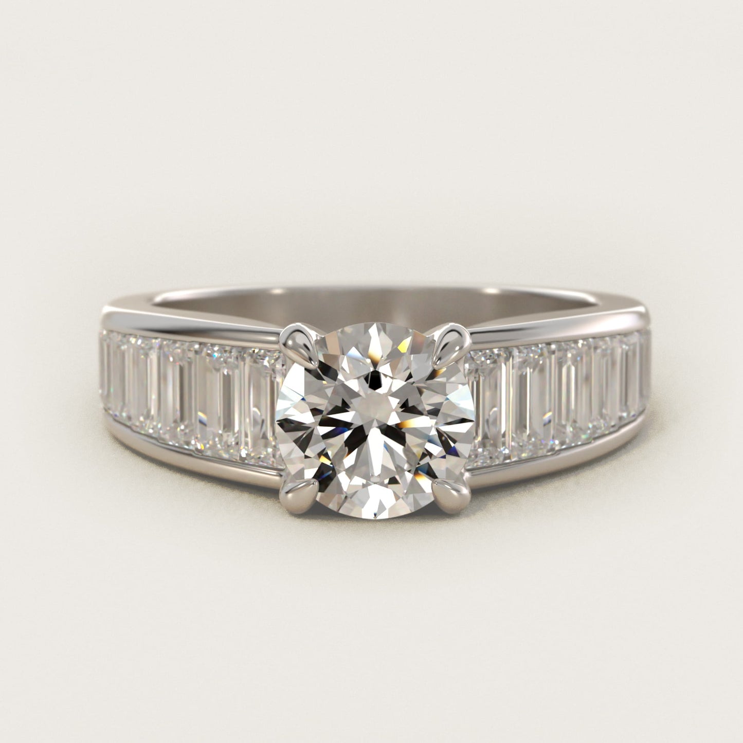 Baguette Channel Diamond Engagement Ring in 18k White Gold - Round Center