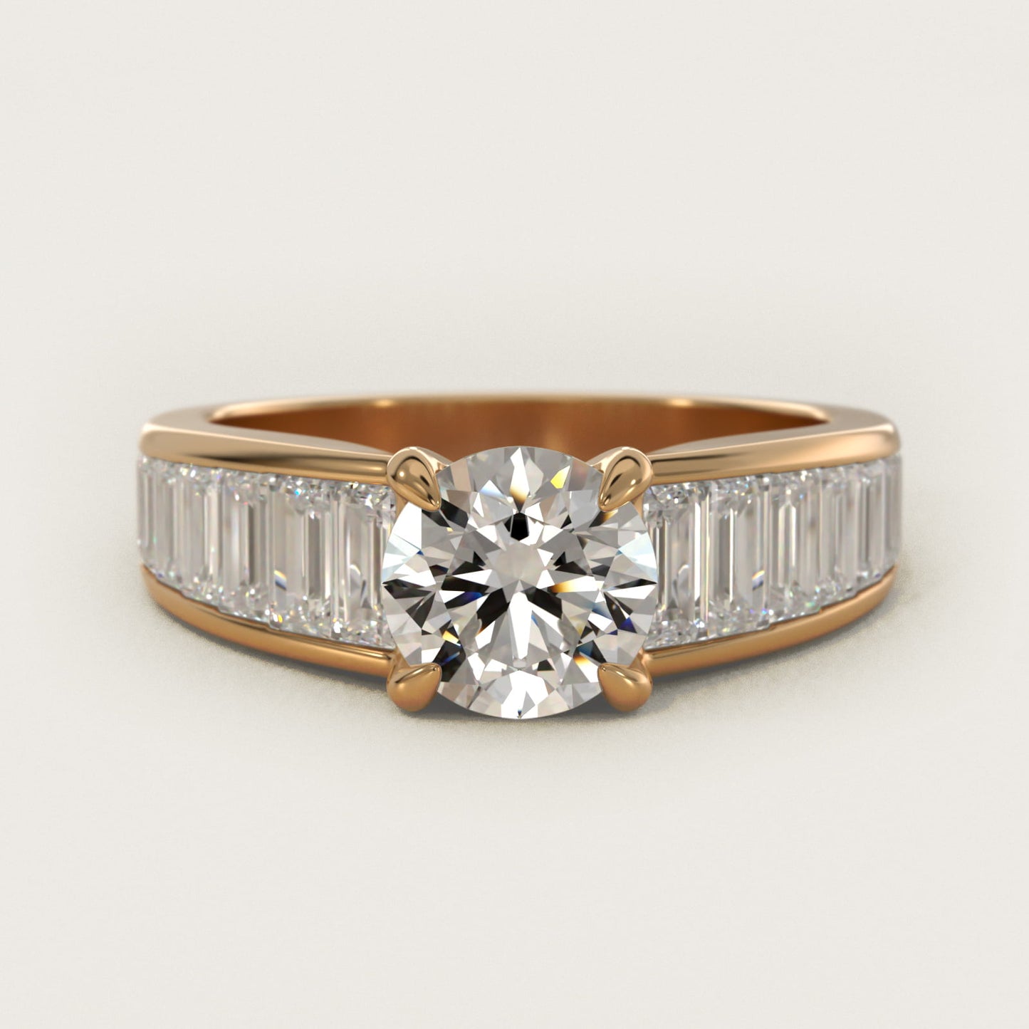 Baguette Channel Diamond Engagement Ring in 18k Yellow Gold - Round Center
