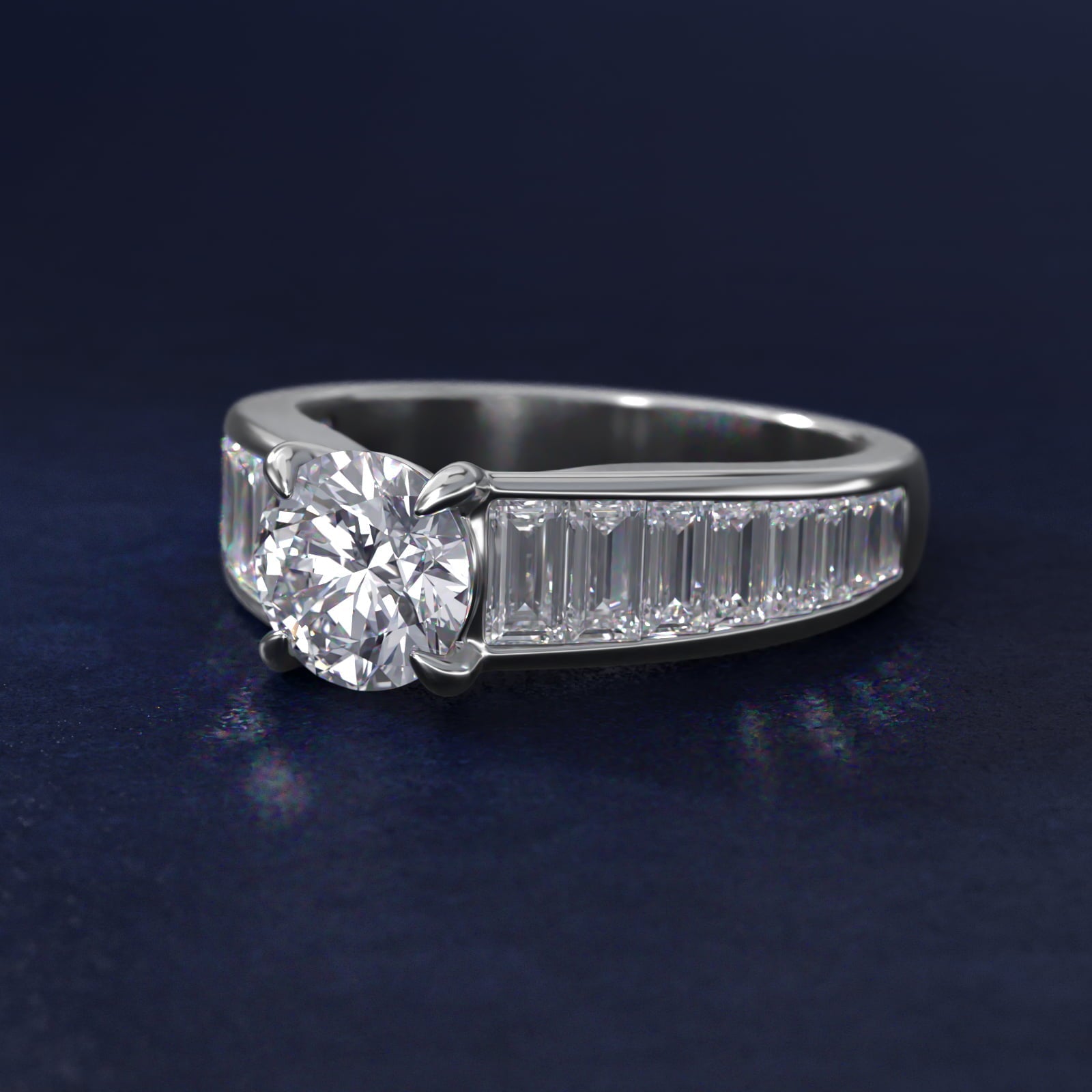 Baguette Channel Diamond Engagement Ring in Platinum - Round Center