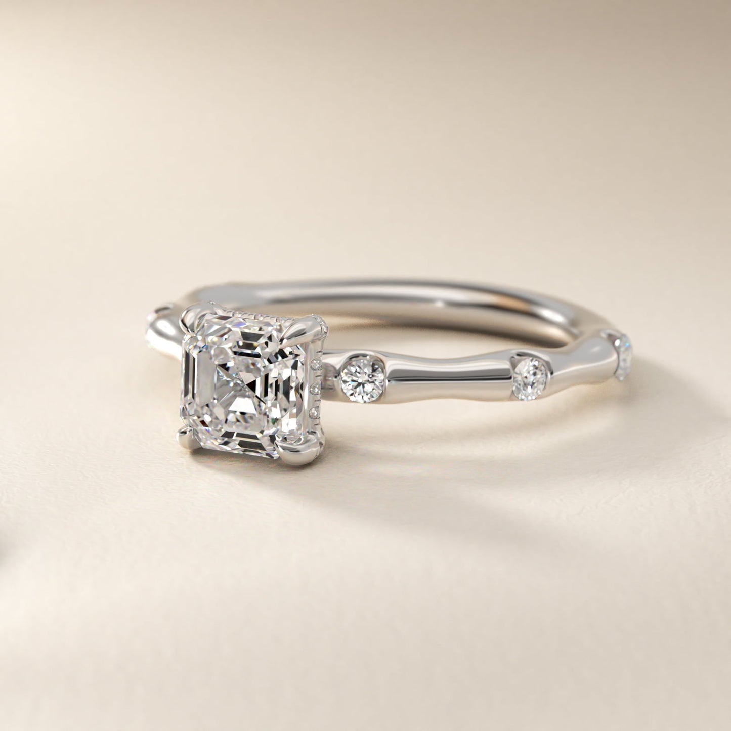 Bamboo Hidden Halo Side Stone Diamond Engagement Ring With Halo In Platinum By James Allen - Asscher Center