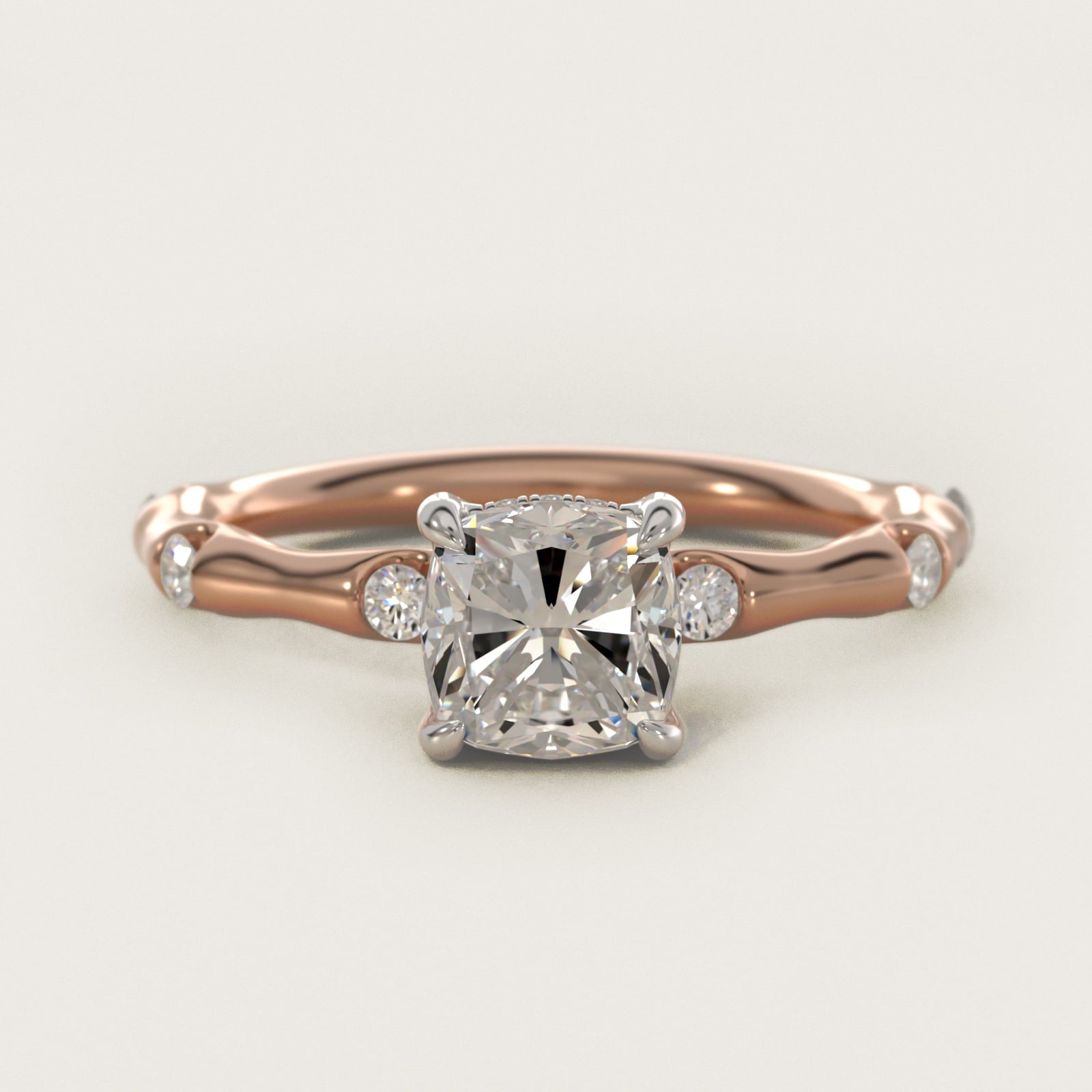 Bamboo Hidden Halo Side Stone Diamond Engagement Ring With Halo In 14K Rose Gold By James Allen - Cushion Center