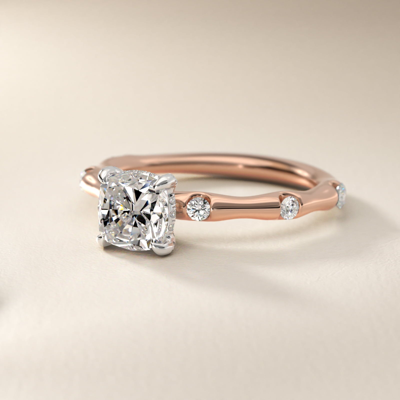 Bamboo Hidden Halo Side Stone Diamond Engagement Ring With Halo In 18k Rose Gold By James Allen - Cushion Center