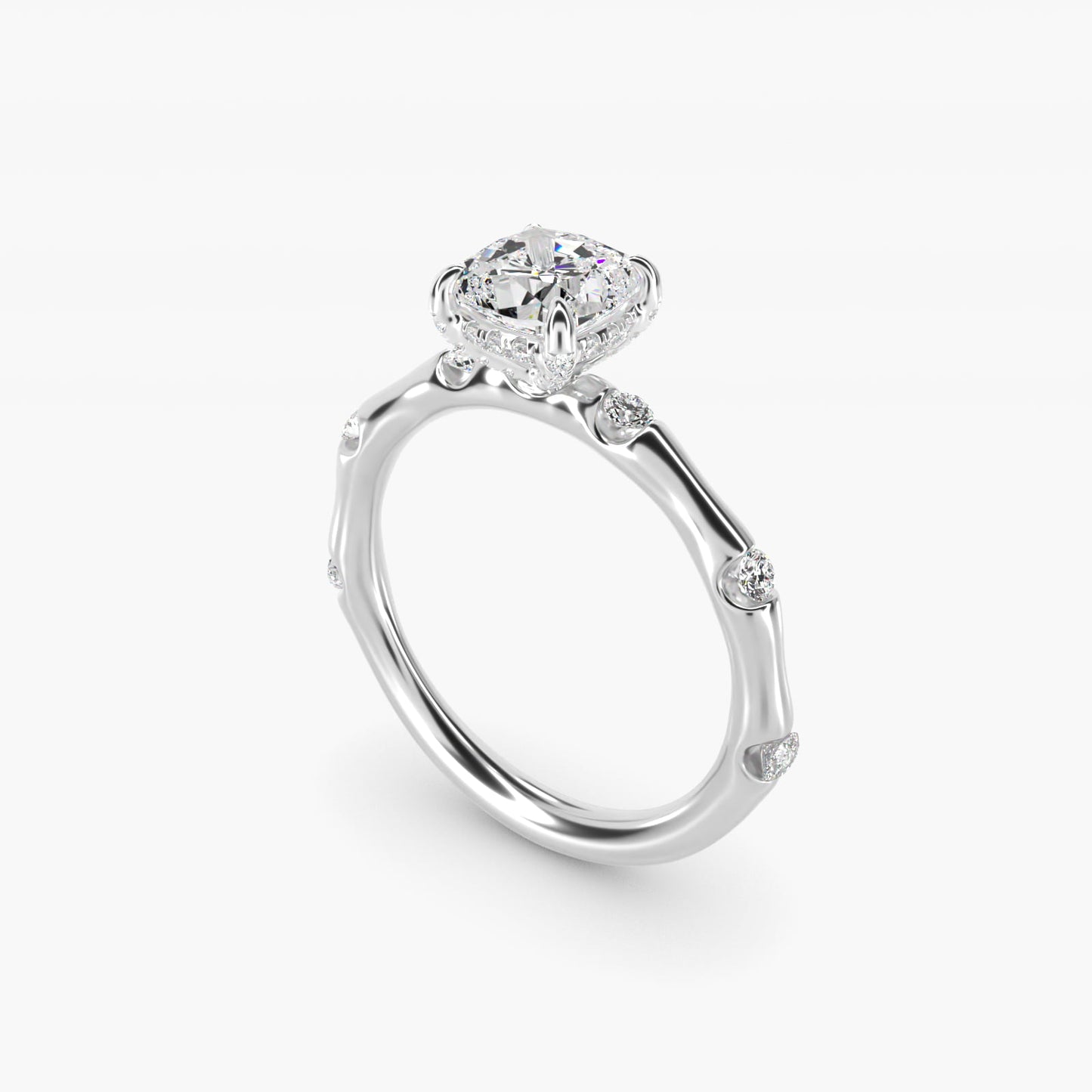 Bamboo Hidden Halo Side Stone Diamond Engagement Ring With Halo In 18k White Gold By James Allen - Cushion Center