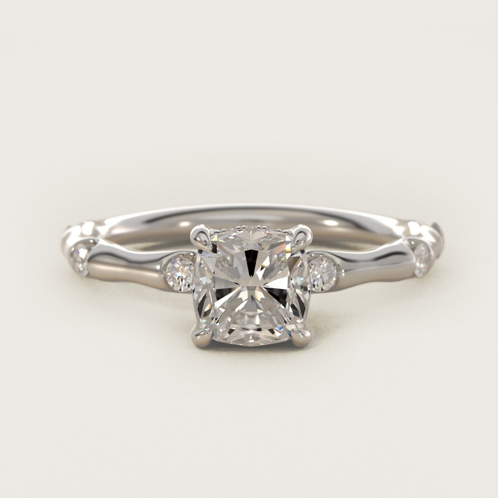 Bamboo Hidden Halo Side Stone Diamond Engagement Ring With Halo In Platinum By James Allen - Cushion Center