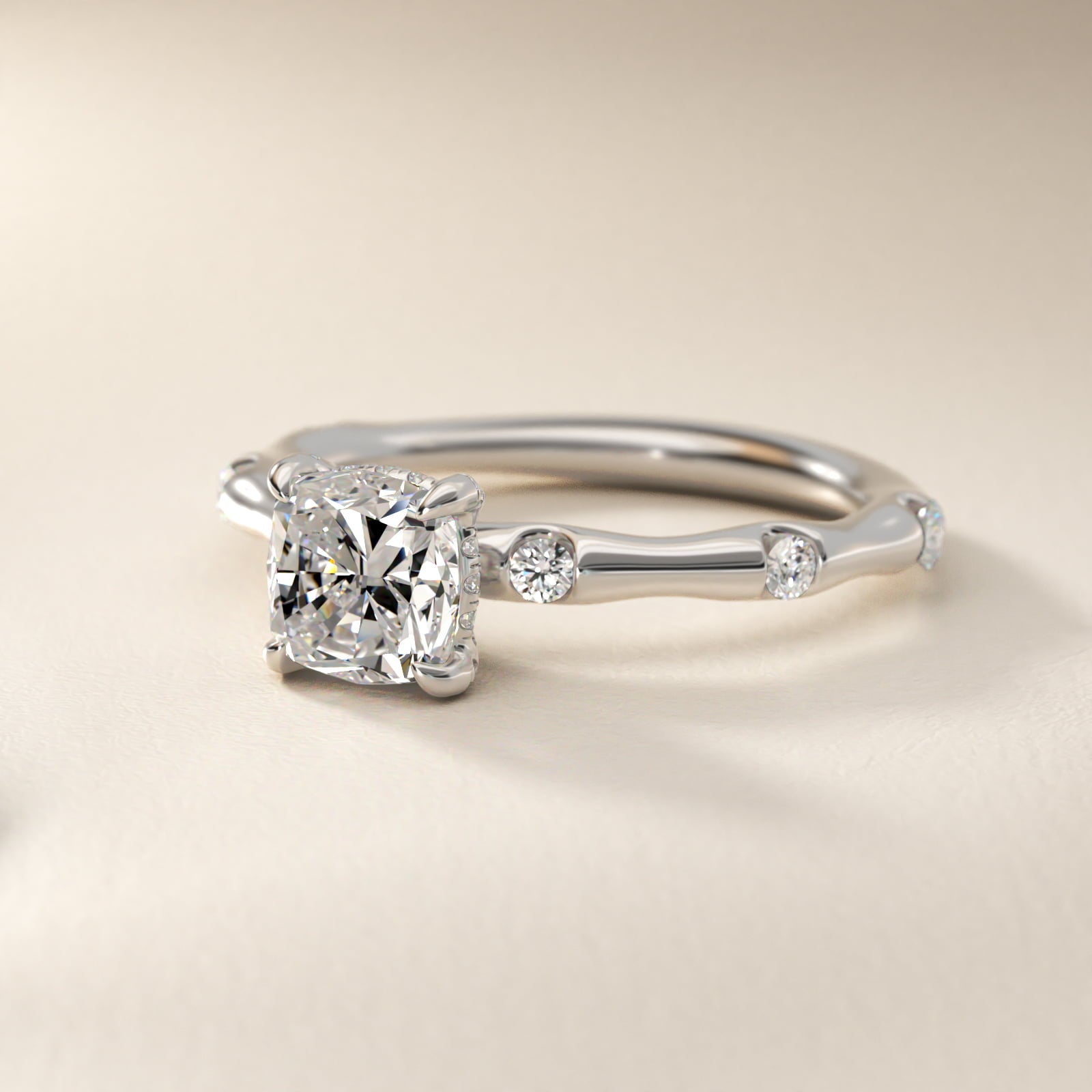 Bamboo Hidden Halo Side Stone Diamond Engagement Ring With Halo In Platinum By James Allen - Cushion Center