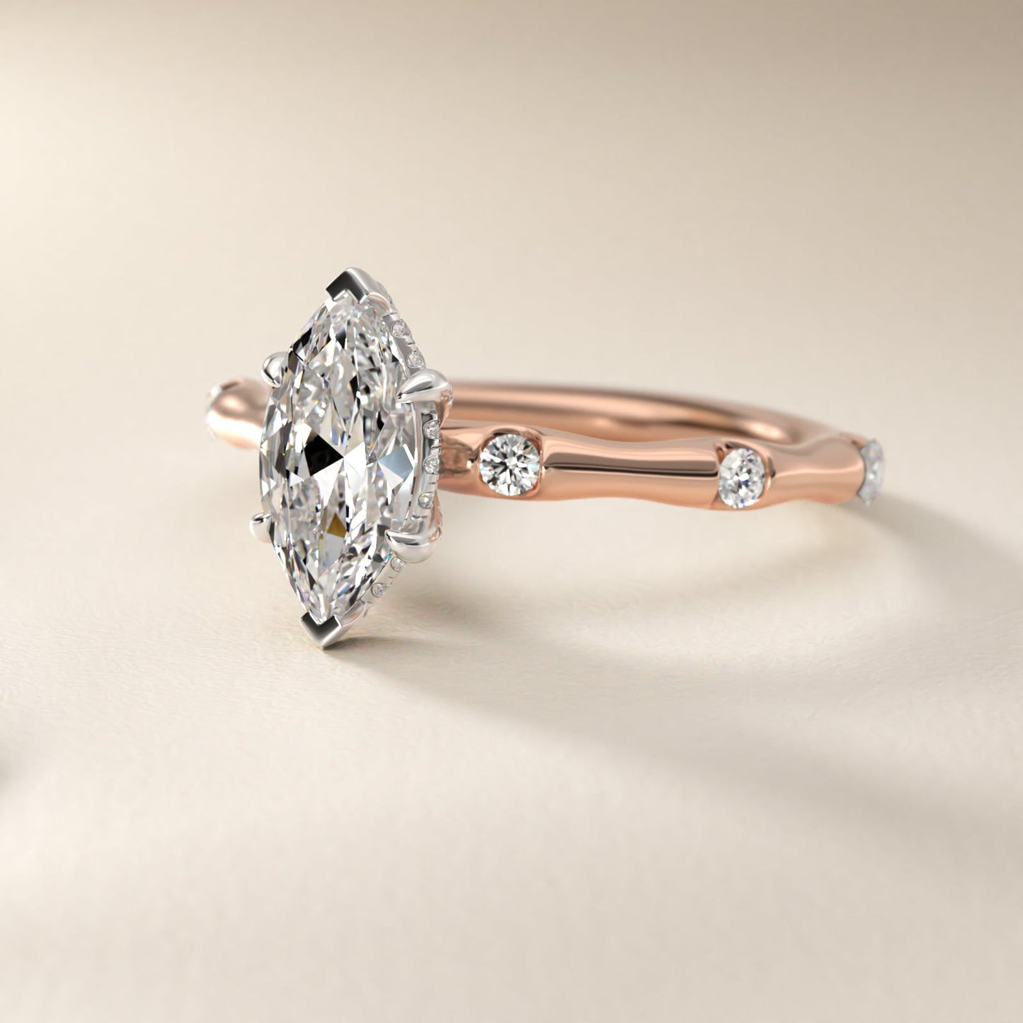 Bamboo Hidden Halo Side Stone Diamond Engagement Ring With Halo In 18k Rose Gold By James Allen - Marquise Center