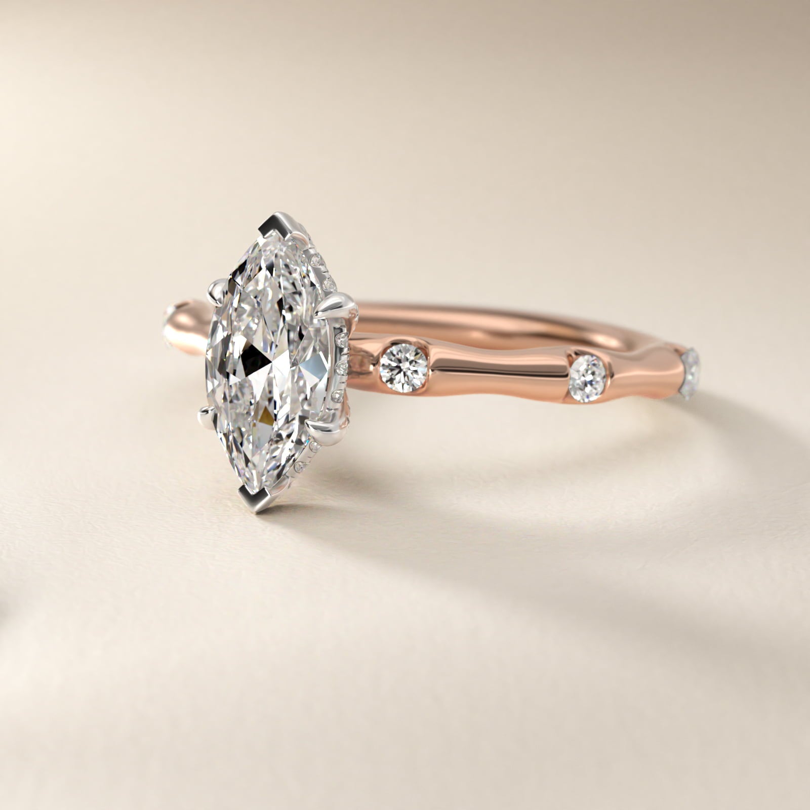Bamboo Hidden Halo Side Stone Diamond Engagement Ring With Halo In 18k Rose Gold By James Allen - Marquise Center