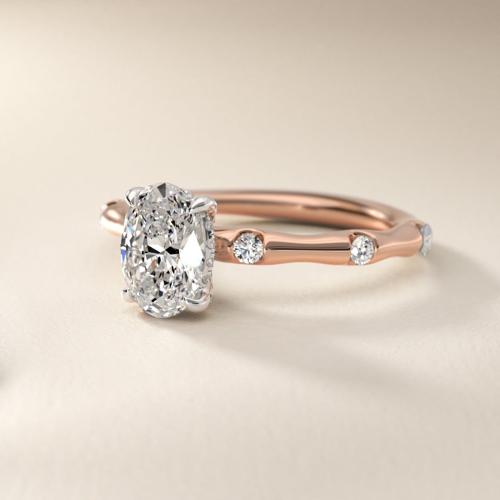 Bamboo Hidden Halo Side Stone Diamond Engagement Ring With Halo In 14K Rose Gold By James Allen - Oval Center