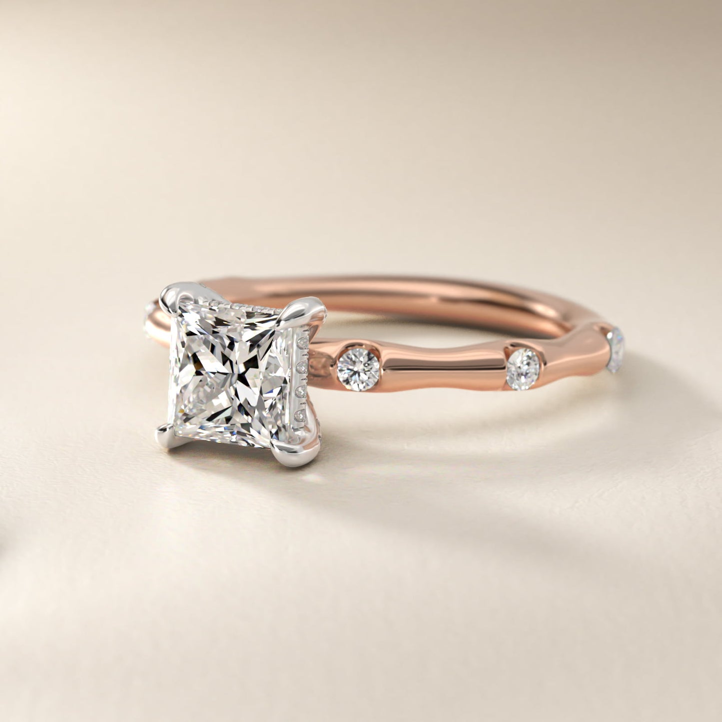 Bamboo Hidden Halo Side Stone Diamond Engagement Ring With Halo In 18k Rose Gold By James Allen - Princess Center