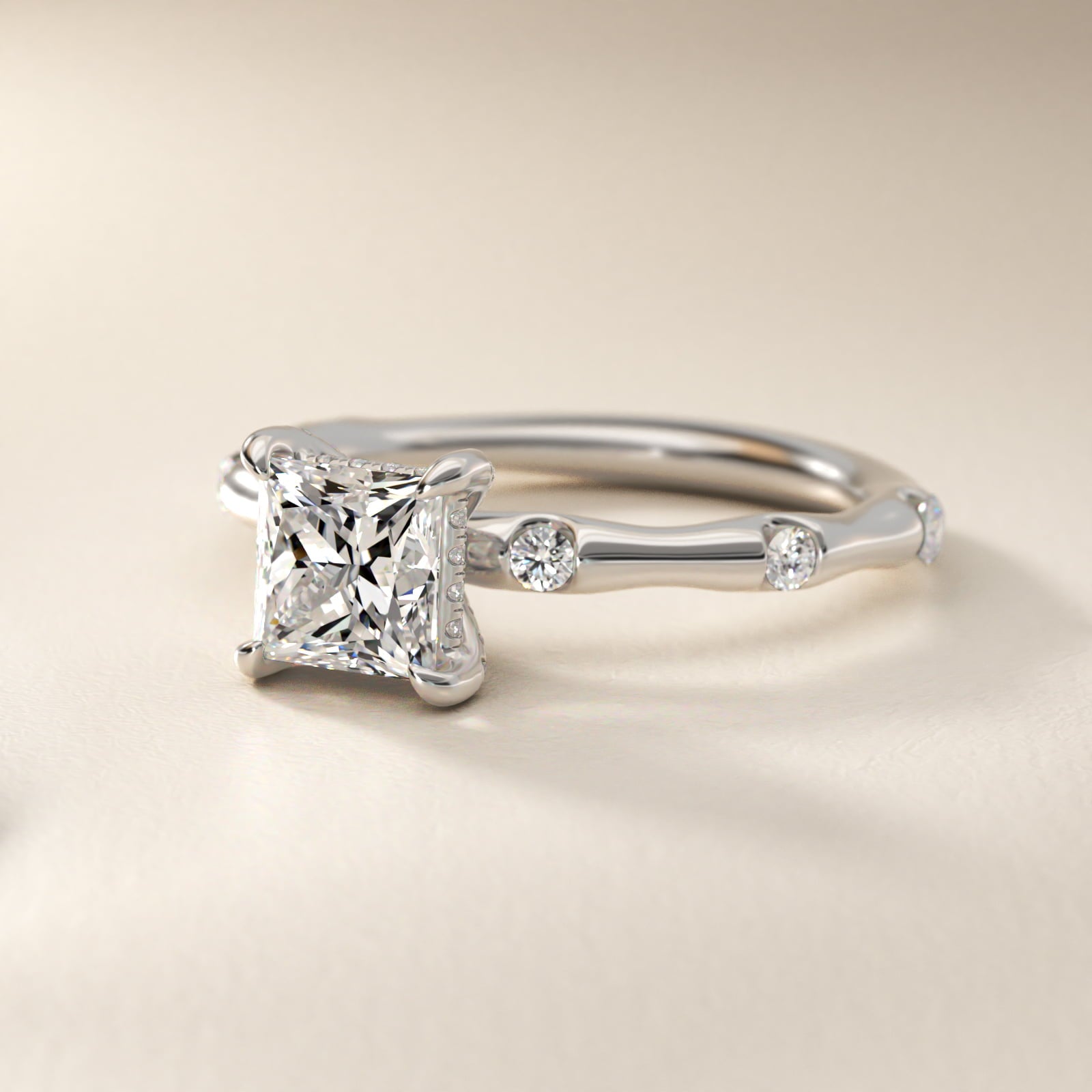 Bamboo Hidden Halo Side Stone Diamond Engagement Ring With Halo In Platinum By James Allen - Princess Center