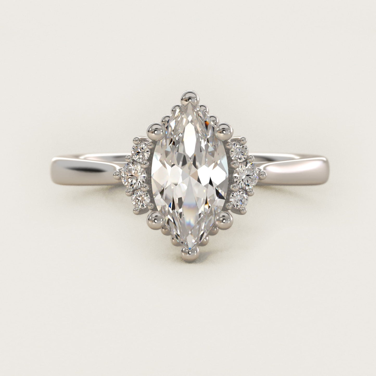 Bead Accent Pav? Trio Side Stone Diamond Engagement Ring In 18k White Gold By James Allen - Marquise Center