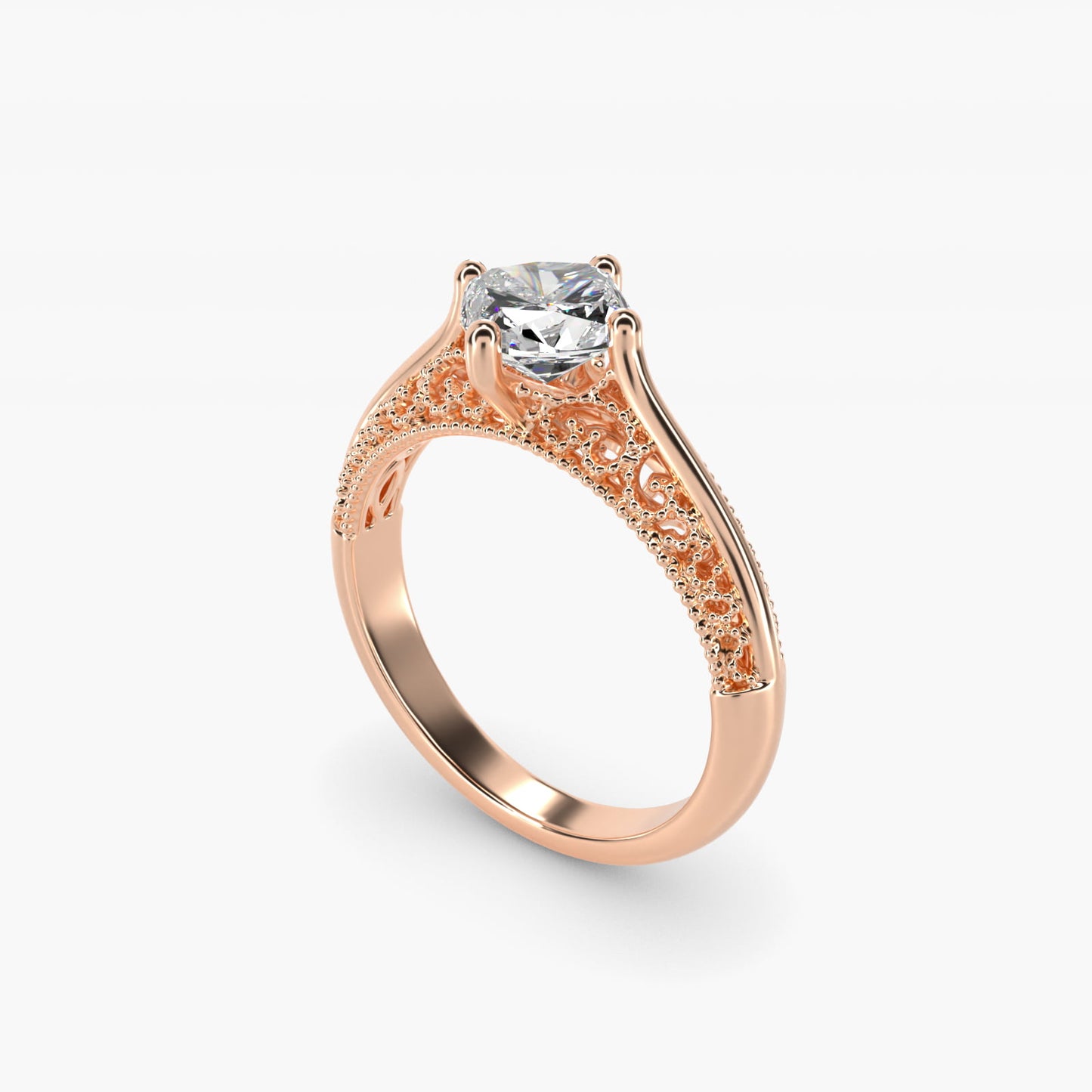 Beaded Filigree Cathedral Kite-Set Vintage-Style Engagement Ring In 18k Rose Gold By James Allen - Cushion Center