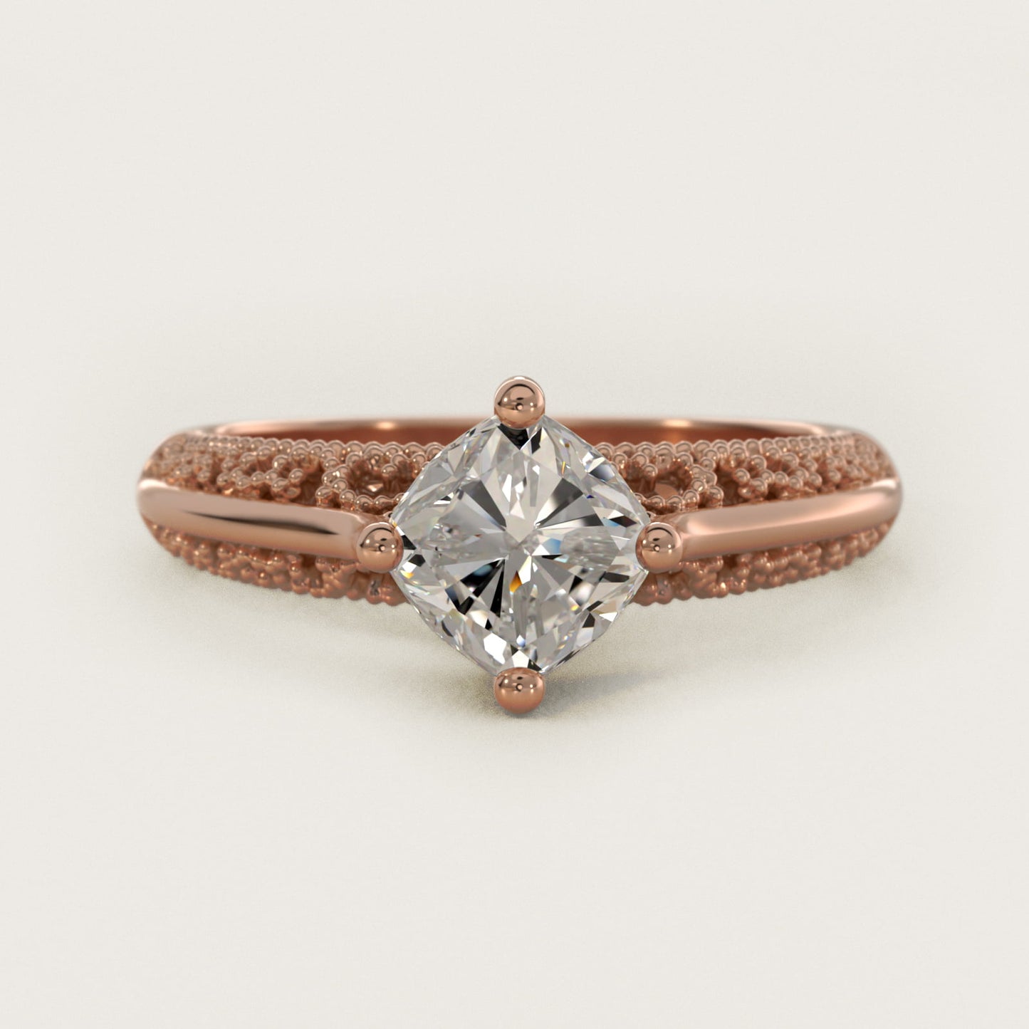 Beaded Filigree Cathedral Kite-Set Vintage-Style Engagement Ring In 14K Rose Gold By James Allen - Cushion Center