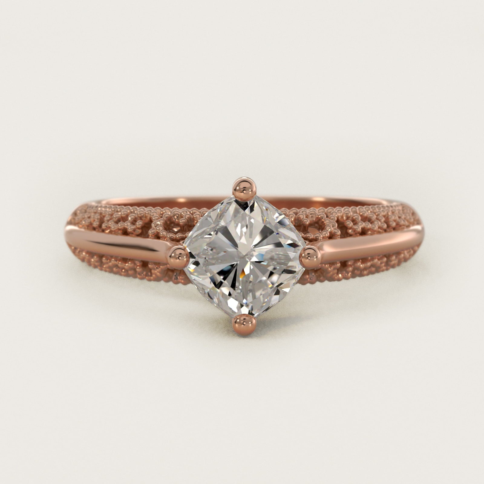 Beaded Filigree Cathedral Kite-Set Vintage-Style Engagement Ring In 14K Rose Gold By James Allen - Cushion Center