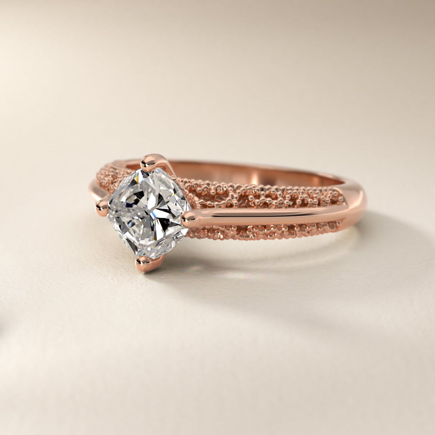 Beaded Filigree Cathedral Kite-Set Vintage-Style Engagement Ring In 14K Rose Gold By James Allen - Cushion Center