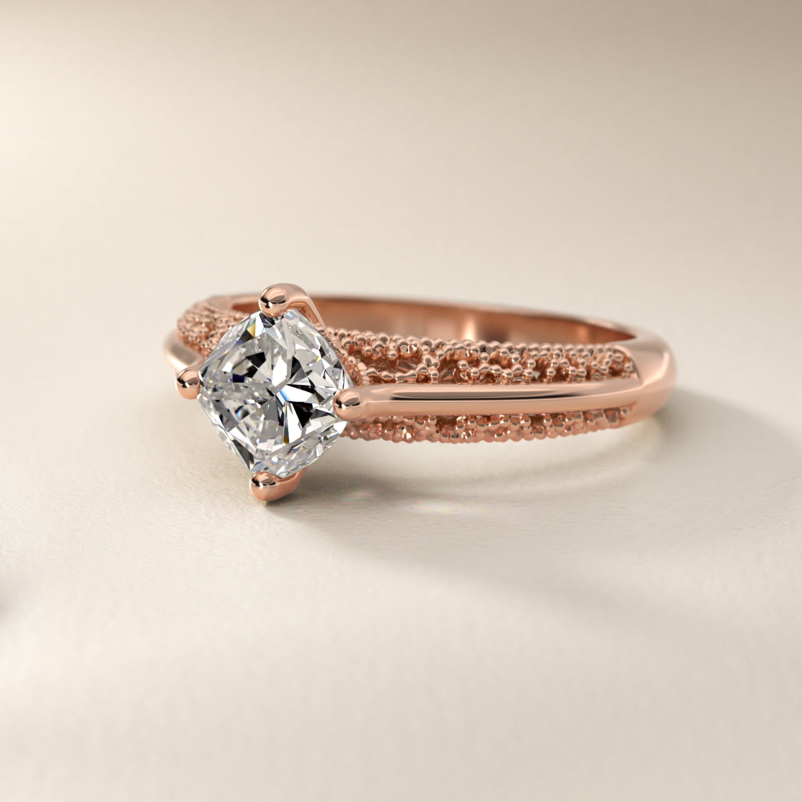 Beaded Filigree Cathedral Kite-Set Vintage-Style Engagement Ring In 18k Rose Gold By James Allen - Cushion Center