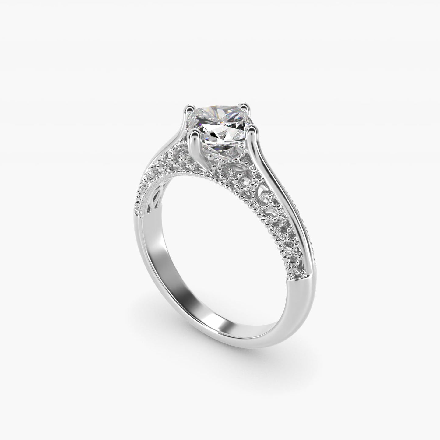 Beaded Filigree Cathedral Kite-Set Vintage-Style Engagement Ring In 18k White Gold By James Allen - Cushion Center