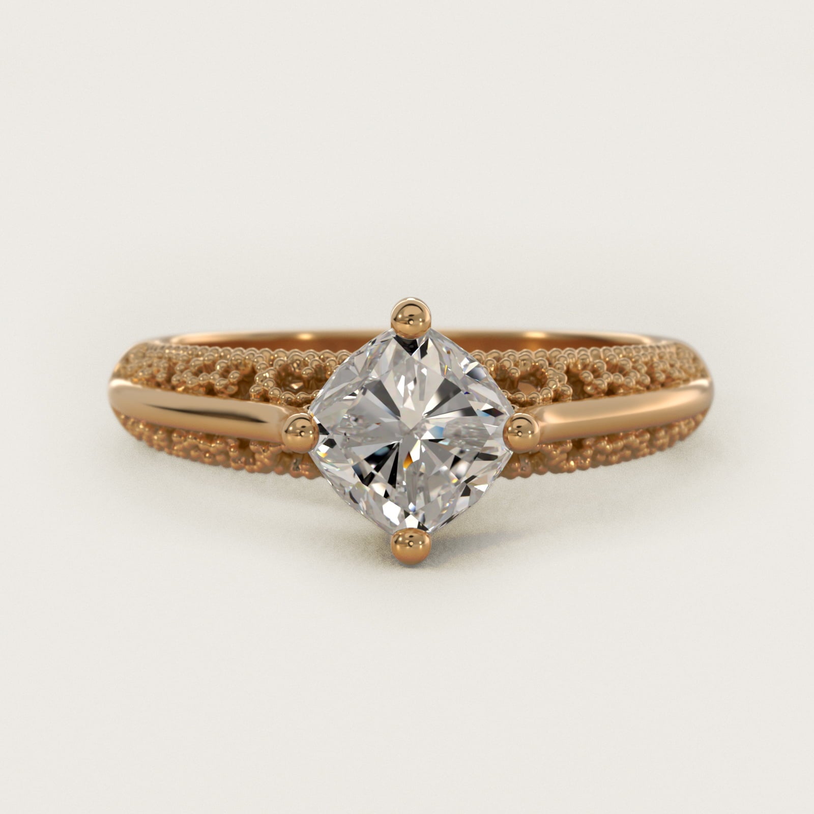 Beaded Filigree Cathedral Kite-Set Vintage-Style Engagement Ring In 14K Yellow Gold By James Allen - Cushion Center