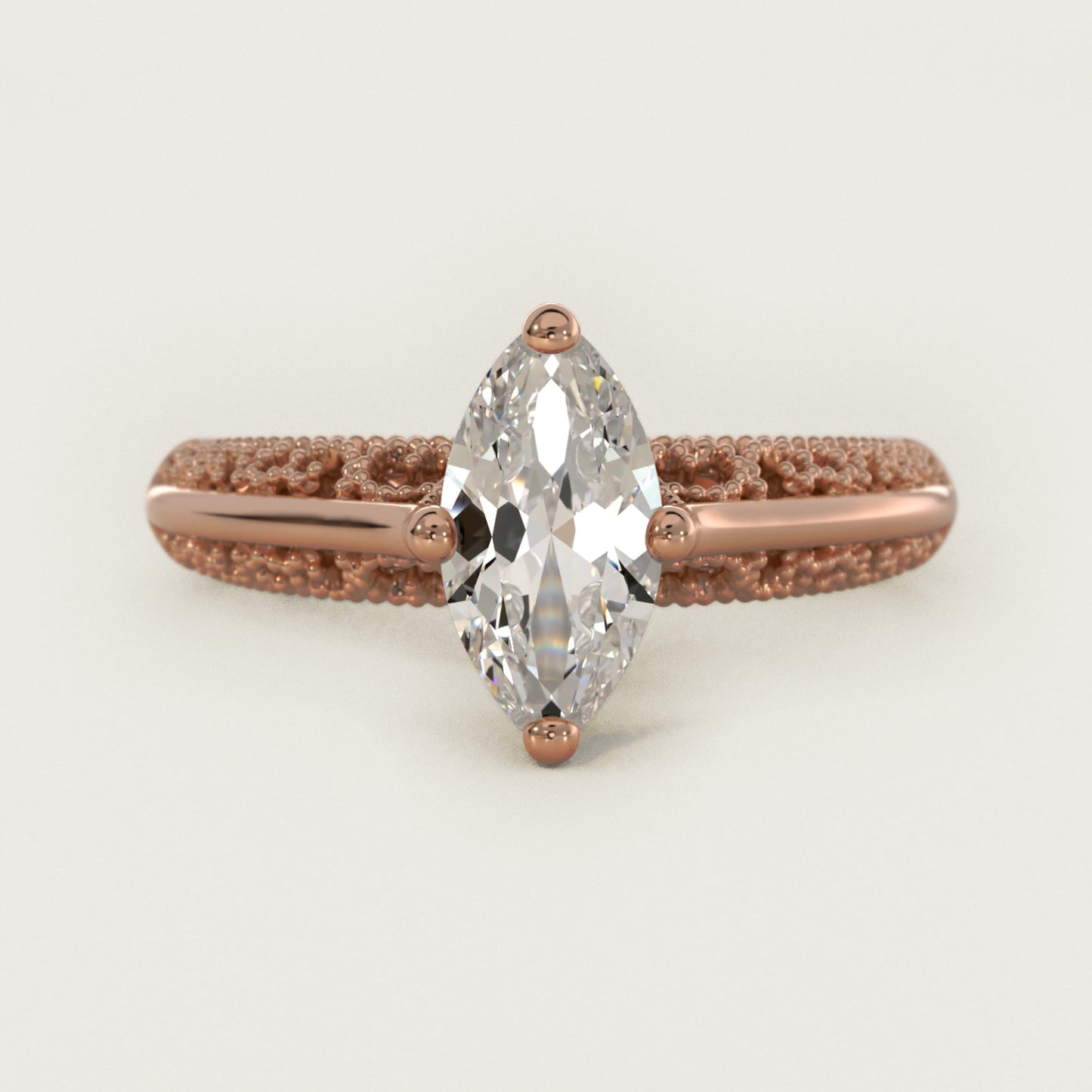 Beaded Filigree Cathedral Kite-Set Vintage-Style Engagement Ring In 14K Rose Gold By James Allen - Marquise Center