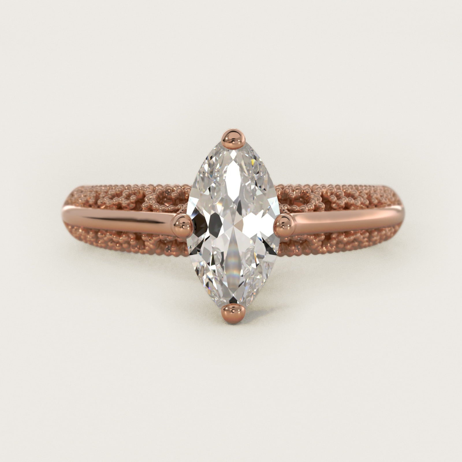 Beaded Filigree Cathedral Kite-Set Vintage-Style Engagement Ring In 14K Rose Gold By James Allen - Marquise Center