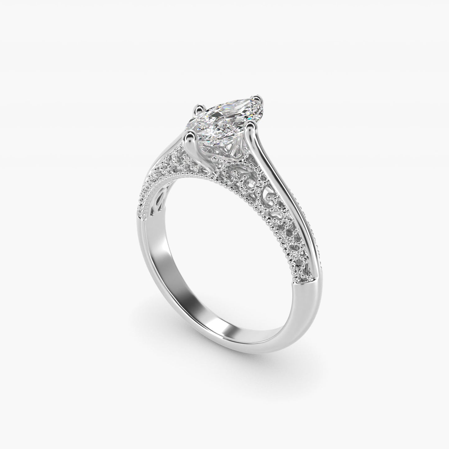 Beaded Filigree Cathedral Kite-Set Vintage-Style Engagement Ring In 14K White Gold By James Allen - Marquise Center