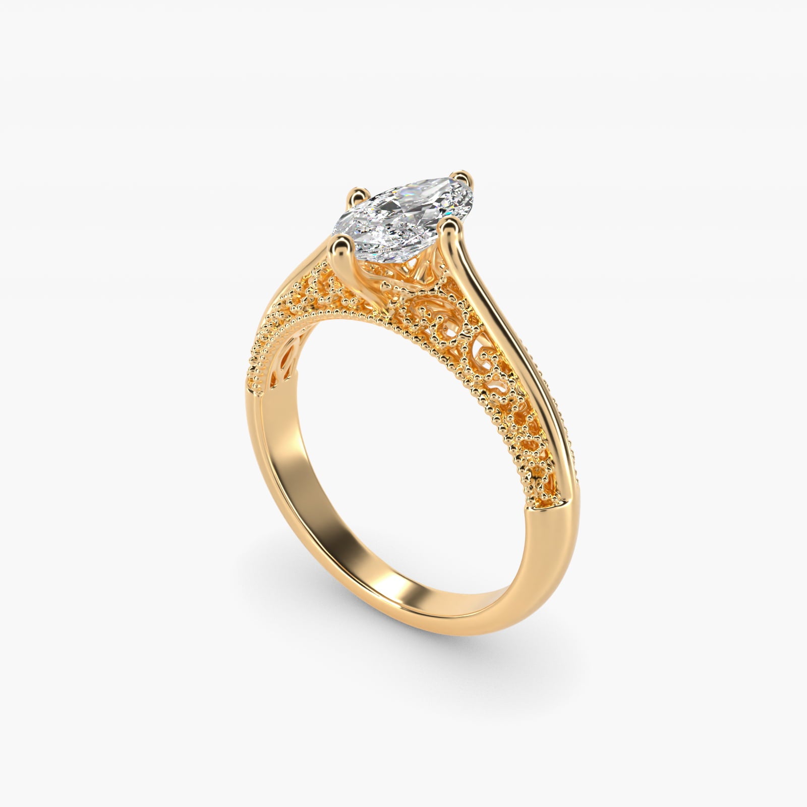 Beaded Filigree Cathedral Kite-Set Vintage-Style Engagement Ring In 14K Yellow Gold By James Allen - Marquise Center