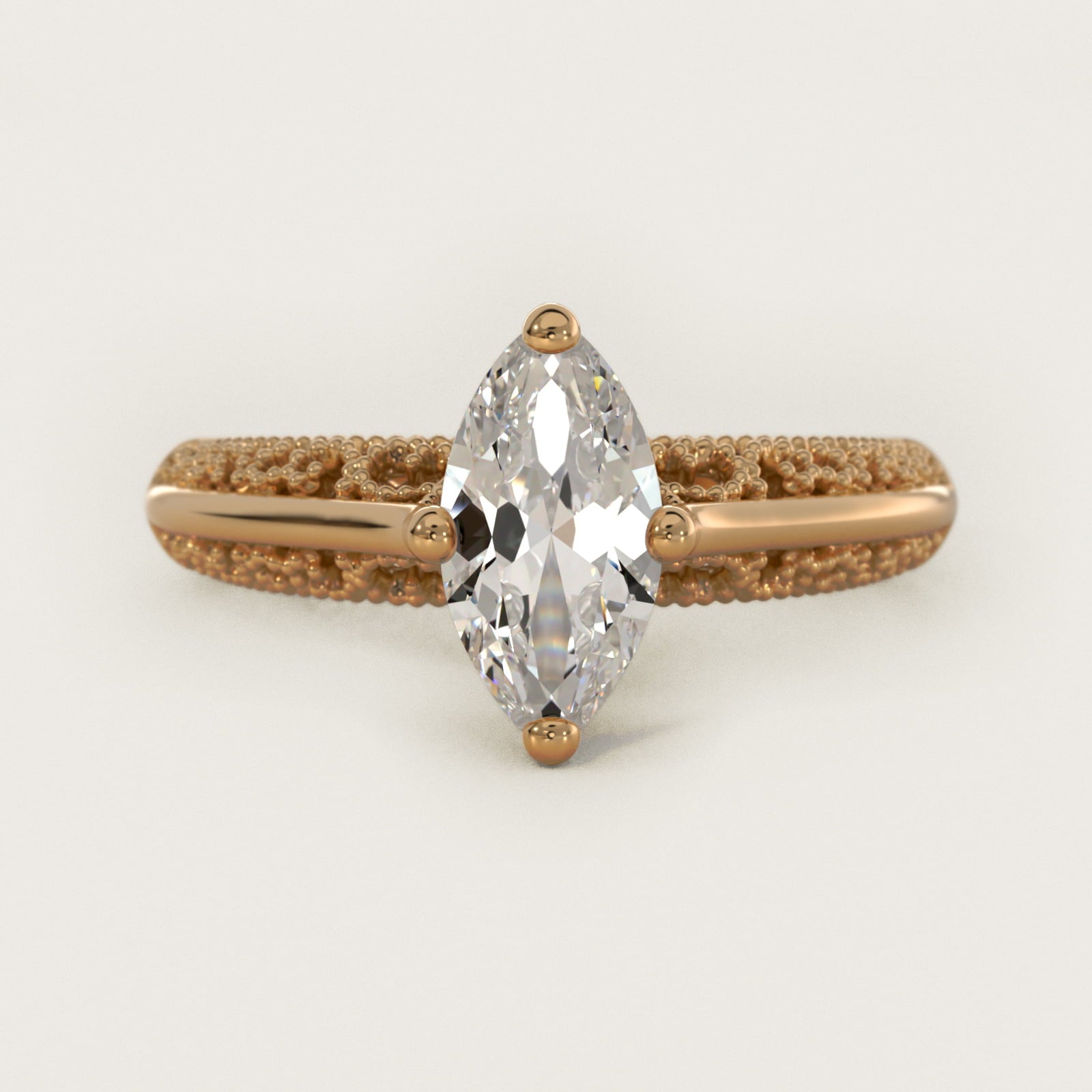 Beaded Filigree Cathedral Kite-Set Vintage-Style Engagement Ring In 14K Yellow Gold By James Allen - Marquise Center