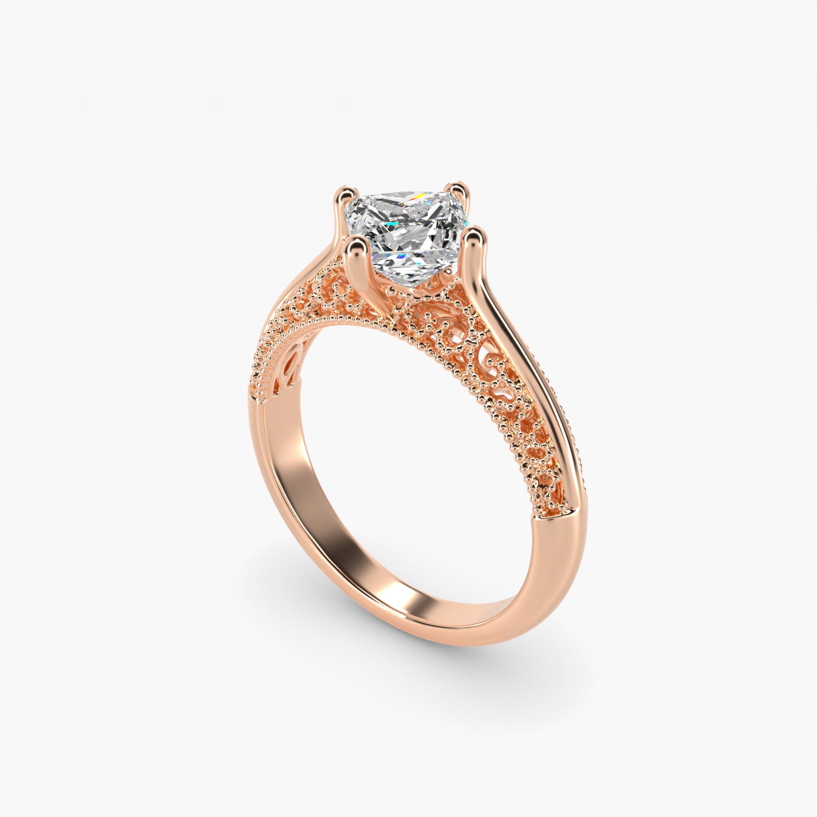 Beaded Filigree Cathedral Kite-Set Vintage-Style Engagement Ring In 18k Rose Gold By James Allen - Princess Center