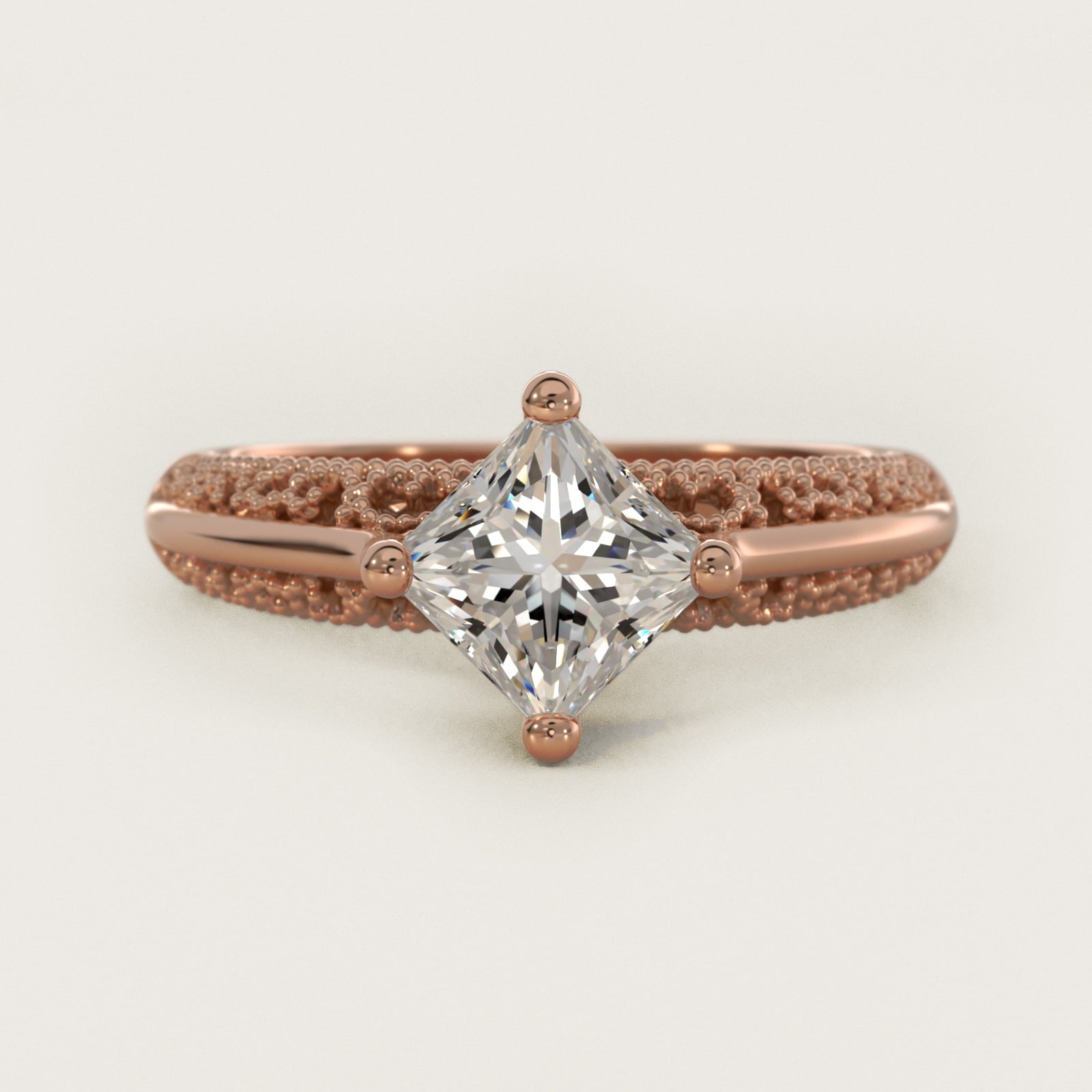 Beaded Filigree Cathedral Kite-Set Vintage-Style Engagement Ring In 14K Rose Gold By James Allen - Princess Center