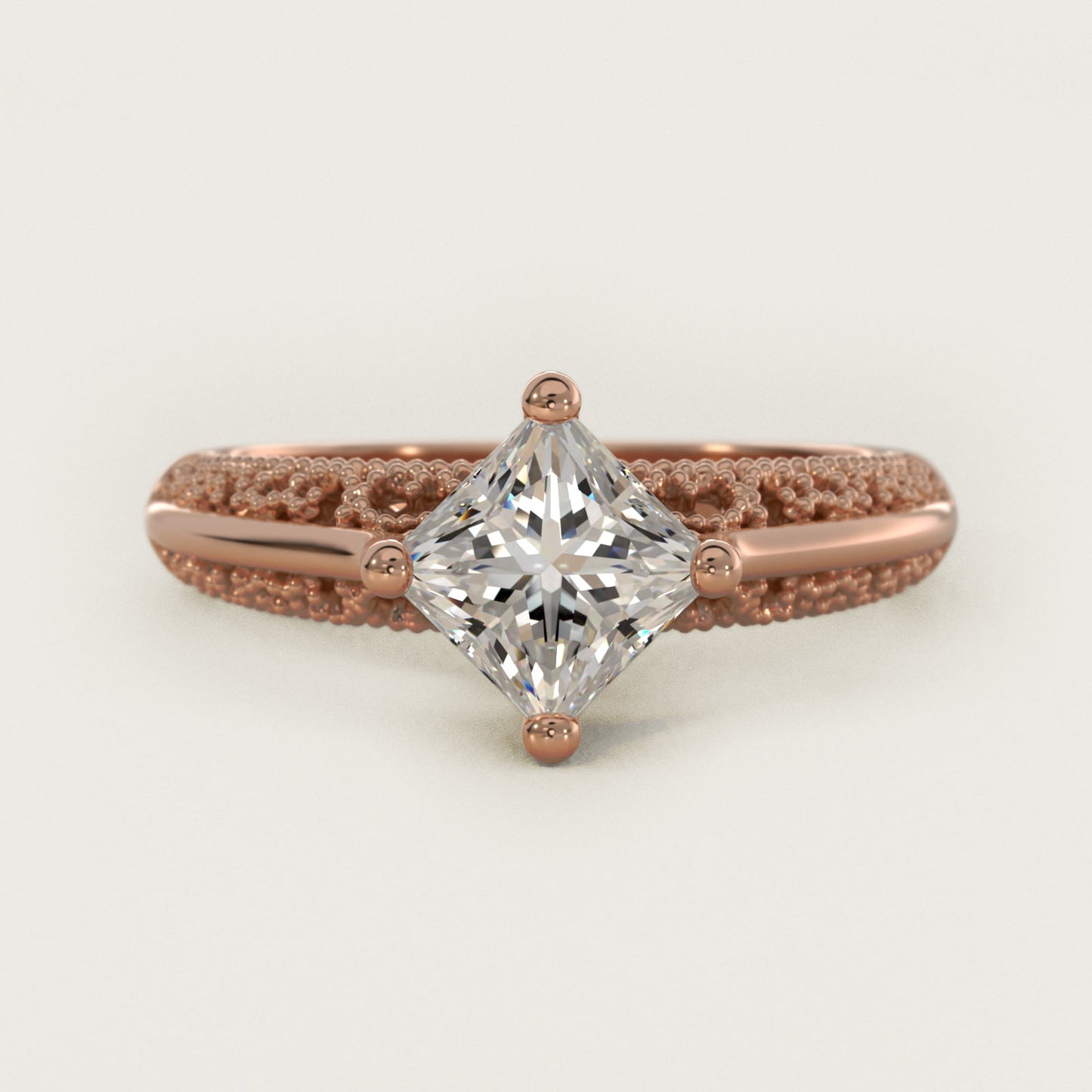 Beaded Filigree Cathedral Kite-Set Vintage-Style Engagement Ring In 18k Rose Gold By James Allen - Princess Center