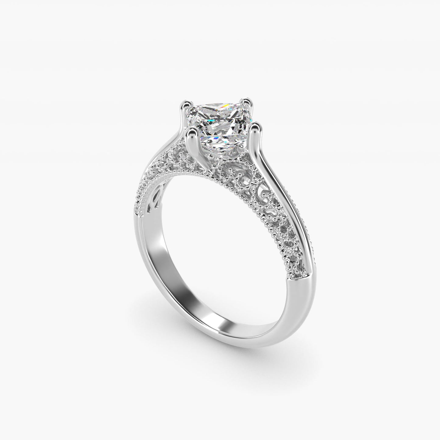Beaded Filigree Cathedral Kite-Set Vintage-Style Engagement Ring In 18k White Gold By James Allen - Princess Center