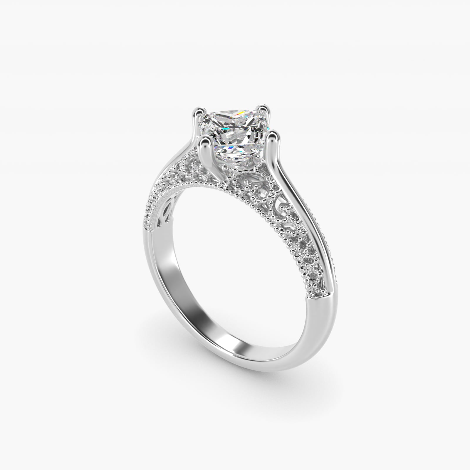 Beaded Filigree Cathedral Kite-Set Vintage-Style Engagement Ring In 18k White Gold By James Allen - Princess Center