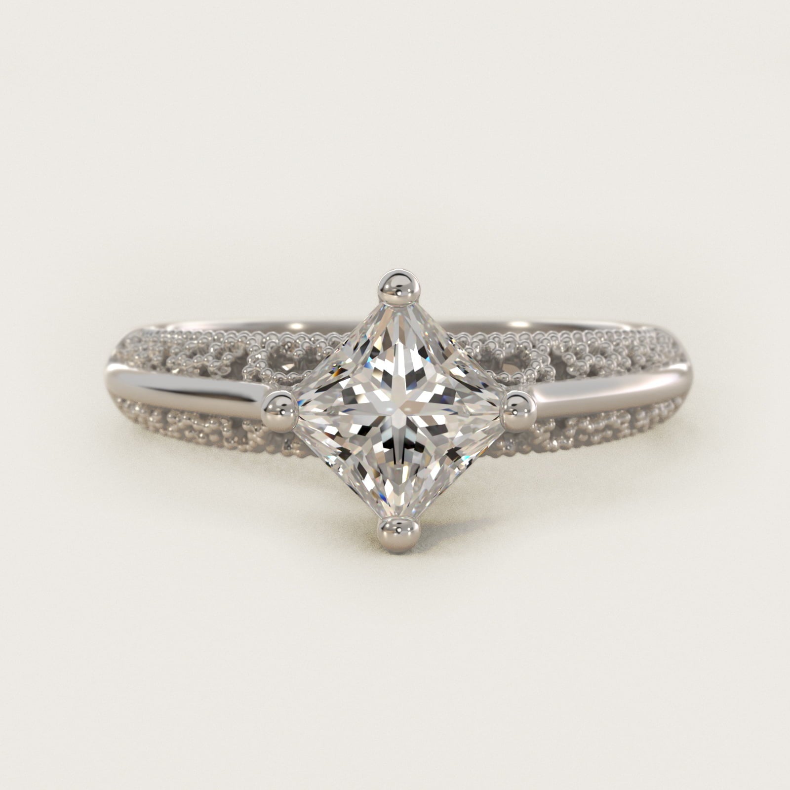 Beaded Filigree Cathedral Kite-Set Vintage-Style Engagement Ring In 14K White Gold By James Allen - Princess Center