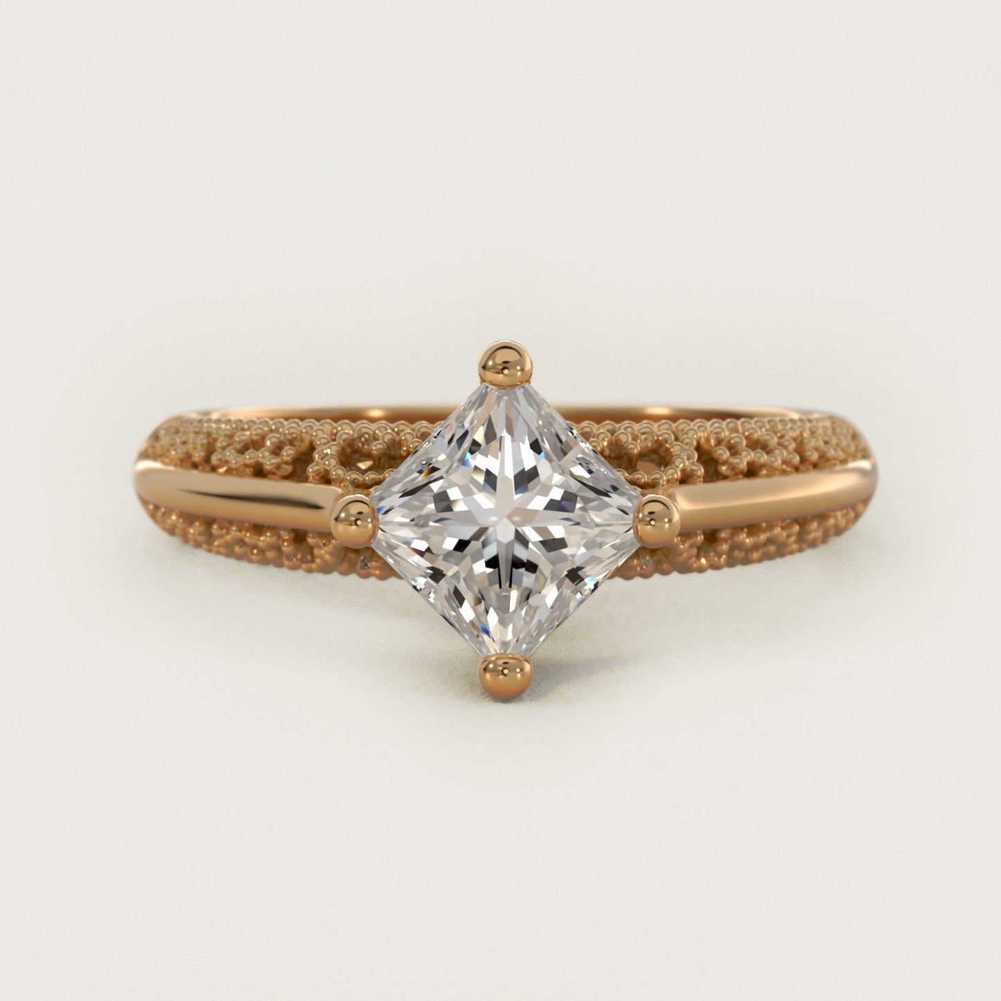 Beaded Filigree Cathedral Kite-Set Vintage-Style Engagement Ring In 18k Yellow Gold By James Allen - Princess Center