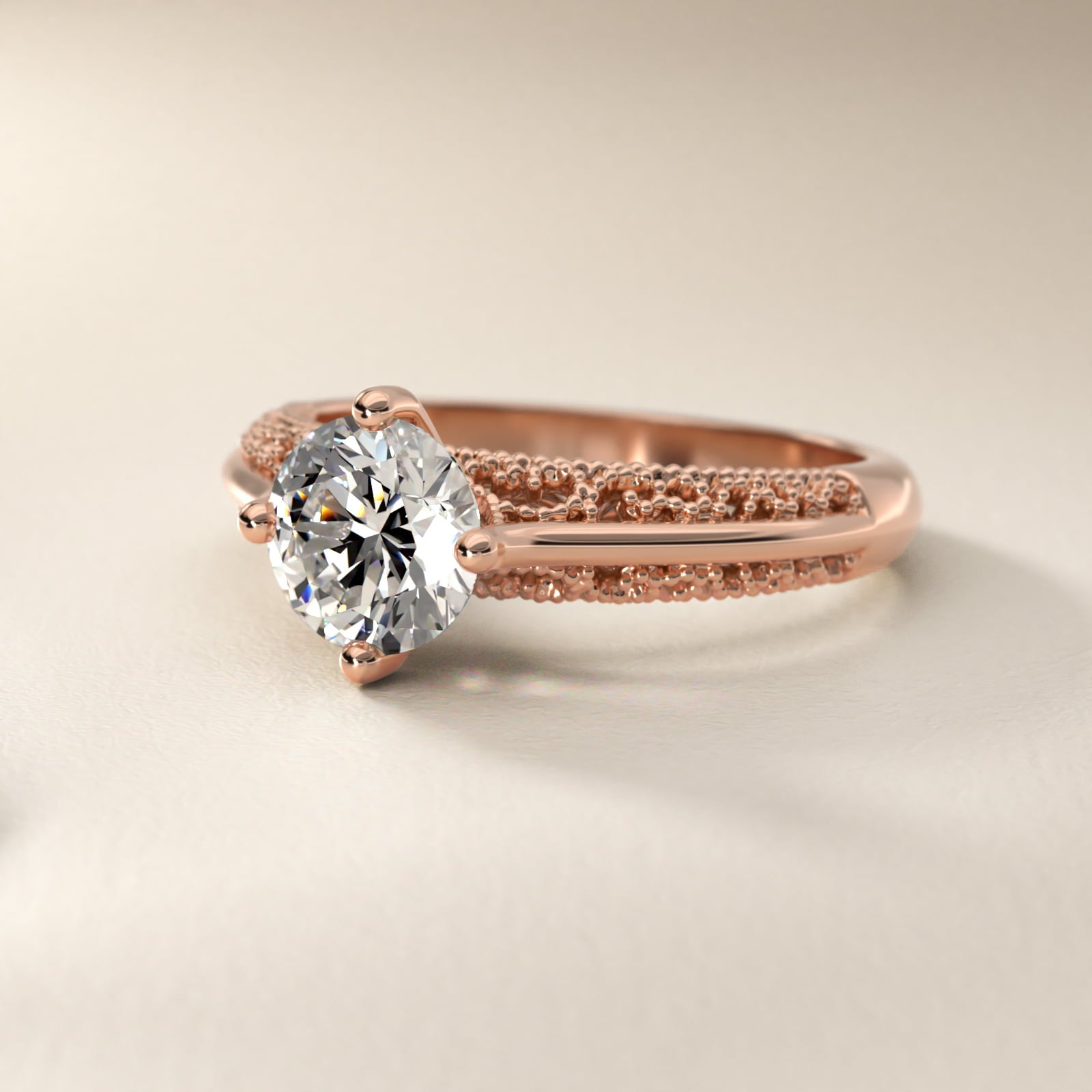 Beaded Filigree Cathedral Kite-Set Vintage-Style Engagement Ring In 18k Rose Gold By James Allen - Round Center