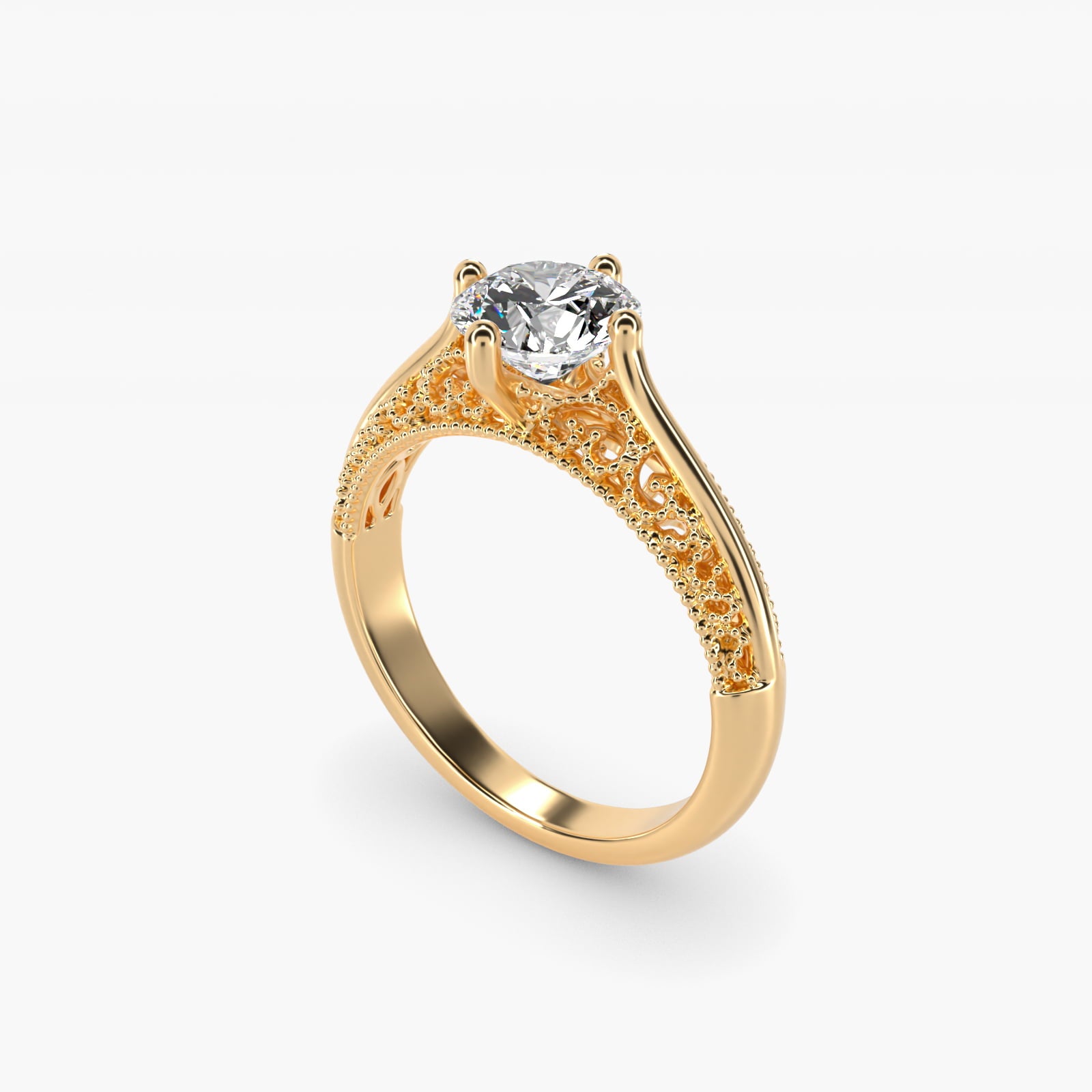 Beaded Filigree Cathedral Kite-Set Vintage-Style Engagement Ring In 18k Yellow Gold By James Allen - Round Center