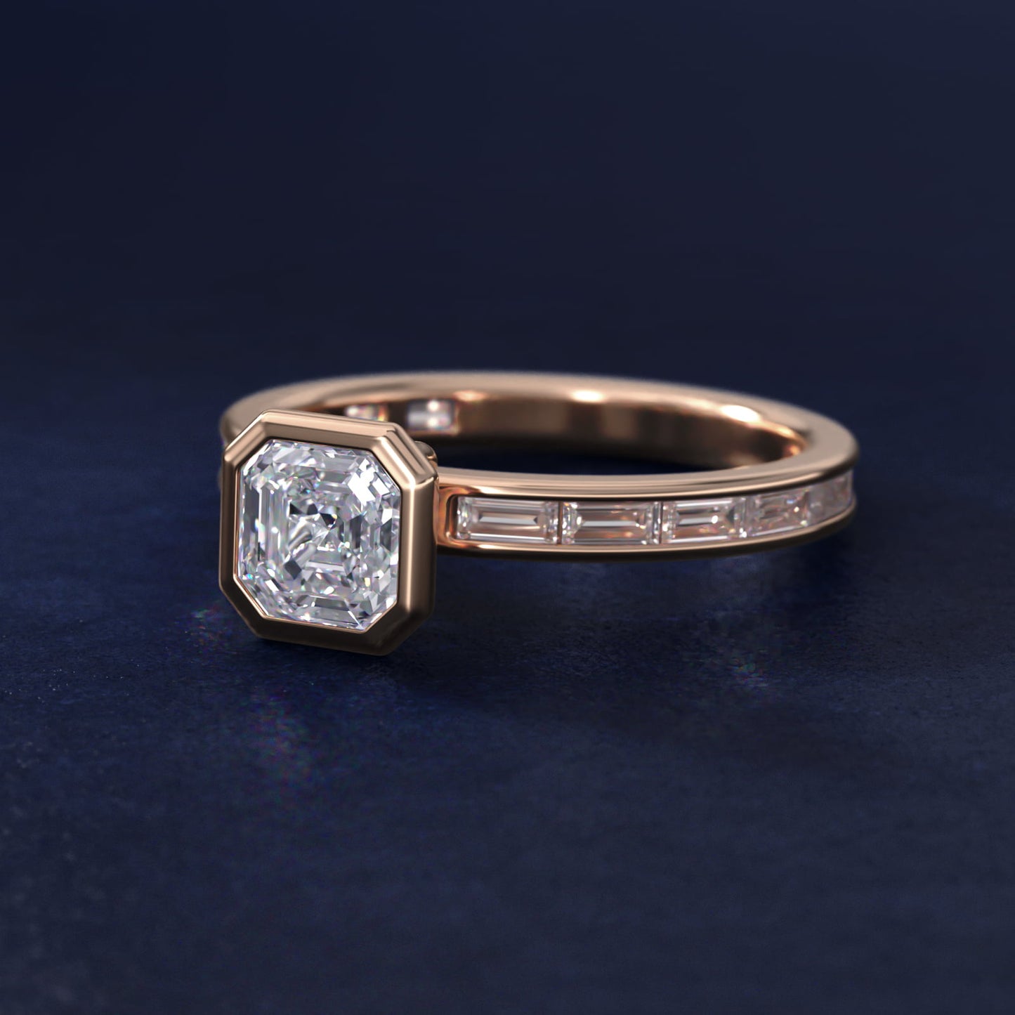 Bezel Engagement Ring with Channel Set Diamond Accent in 18k Rose Gold - Asscher Center