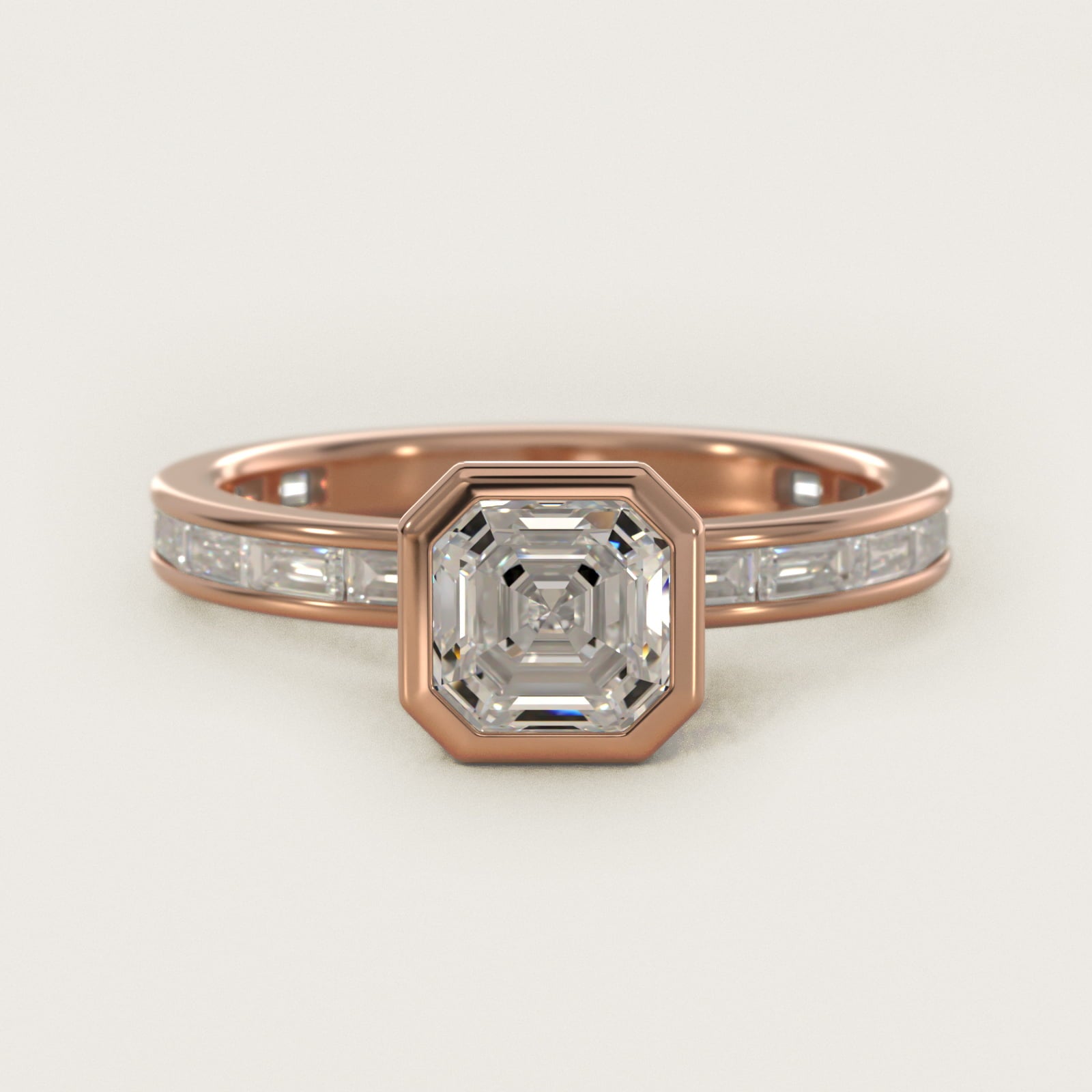 Bezel Engagement Ring with Channel Set Diamond Accent in 14K Rose Gold - Asscher Center