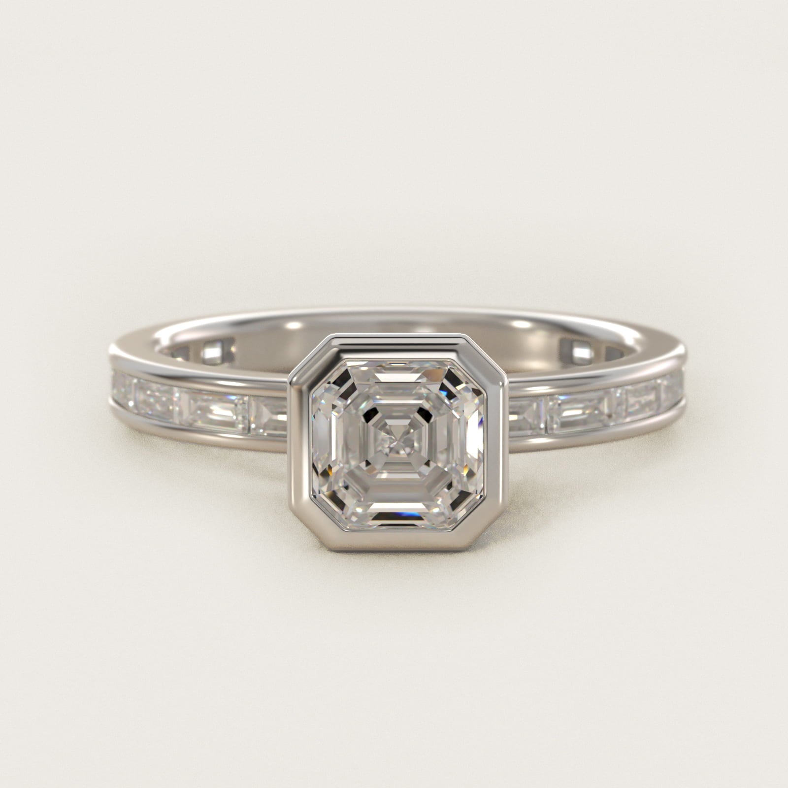 Bezel Engagement Ring with Channel Set Diamond Accent in 14K White Gold - Asscher Center