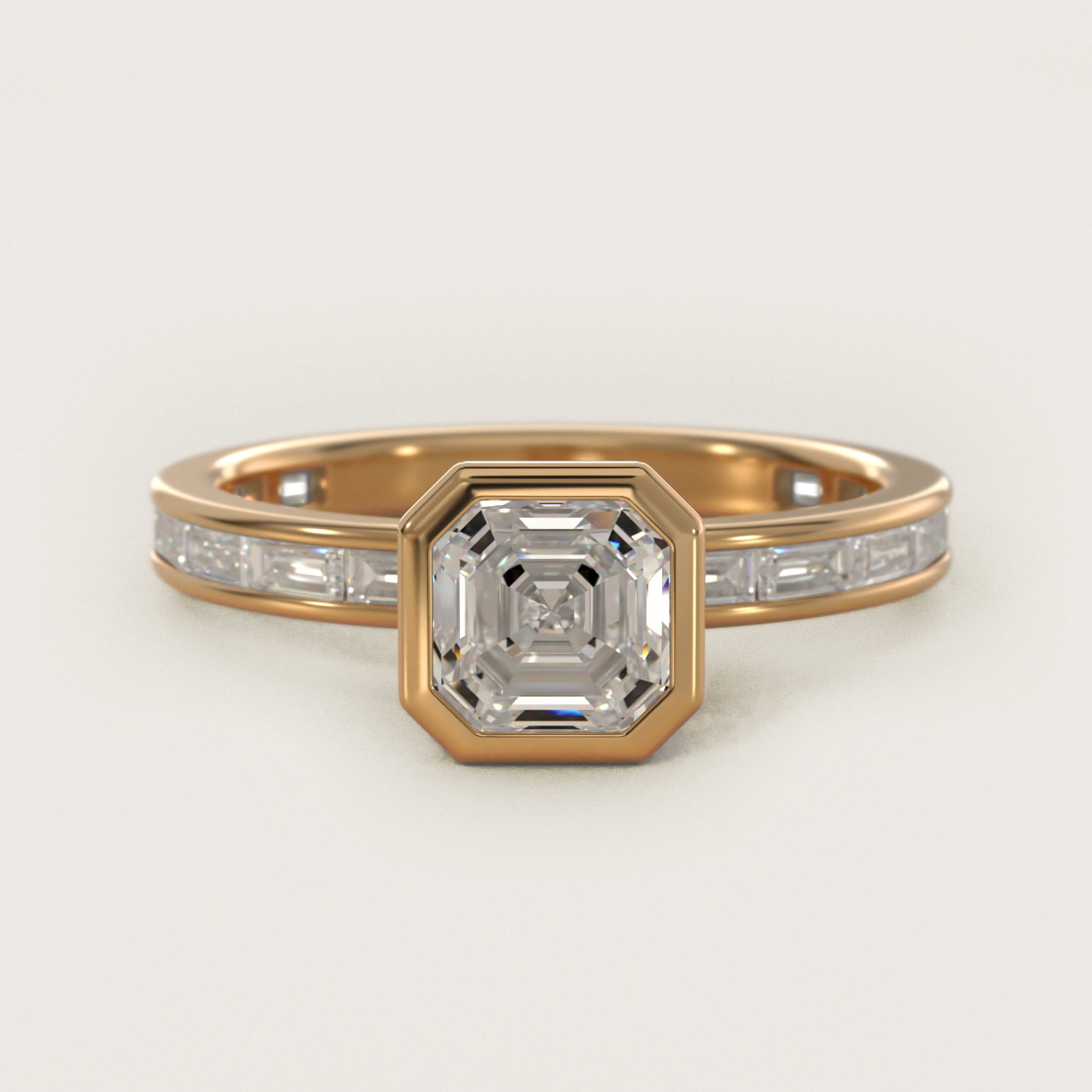 Bezel Engagement Ring with Channel Set Diamond Accent in 18k Yellow Gold - Asscher Center
