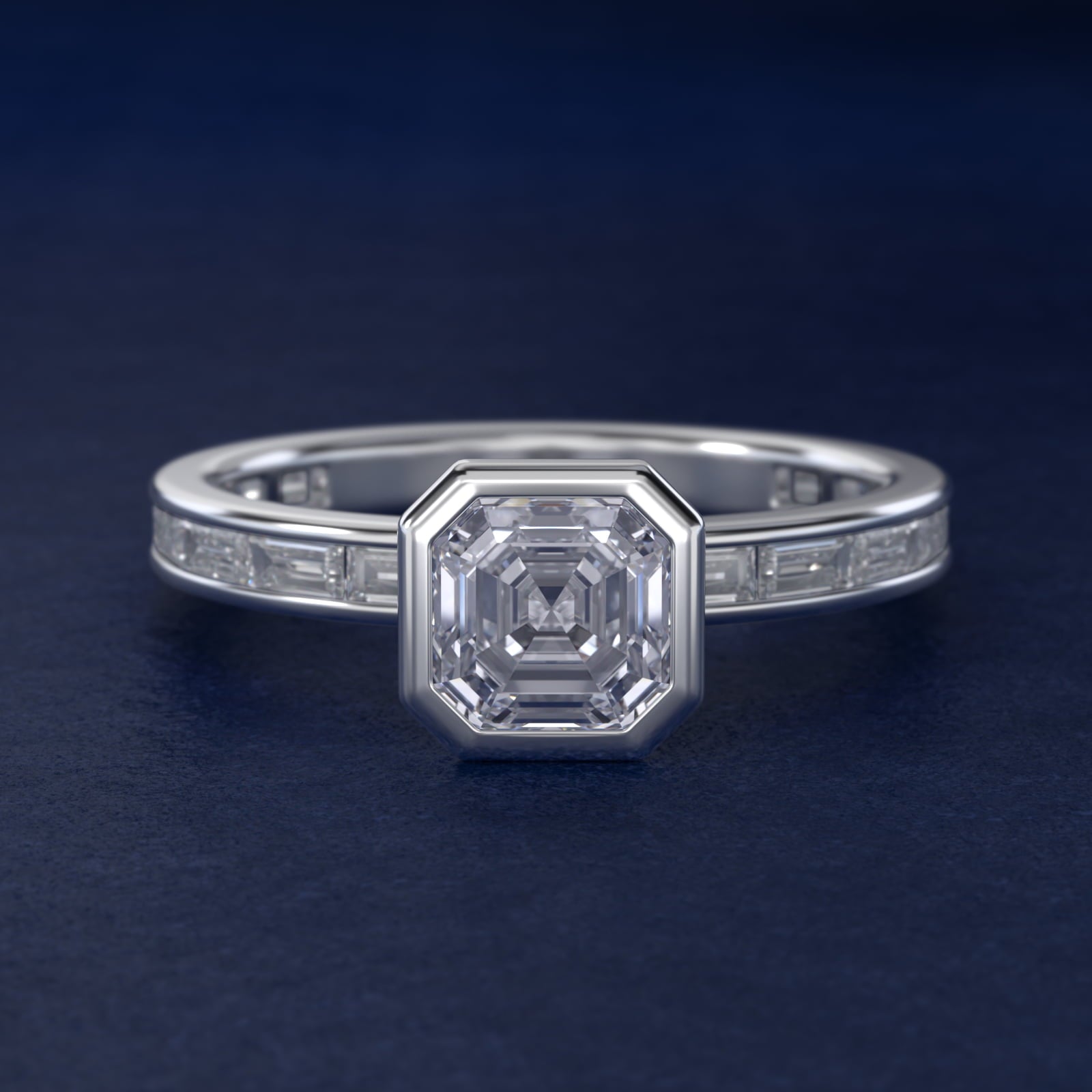 Bezel Engagement Ring with Channel Set Diamond Accent in Platinum - Asscher Center