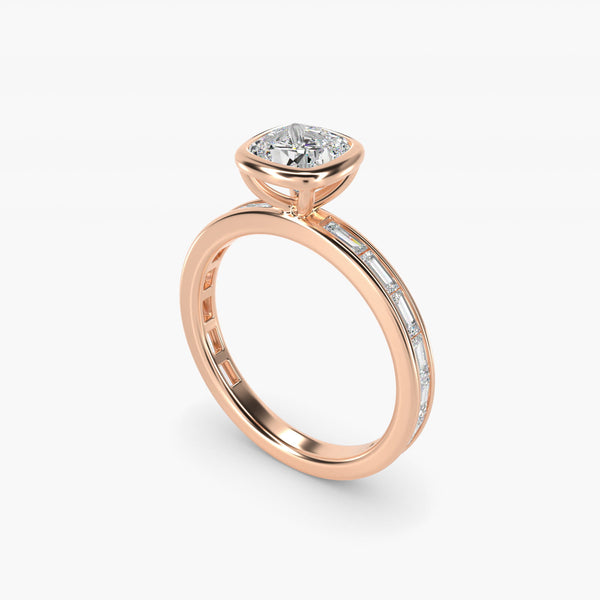 Bezel Engagement Ring with Channel Set Diamond Accent in 14K Rose Gold - Cushion Center