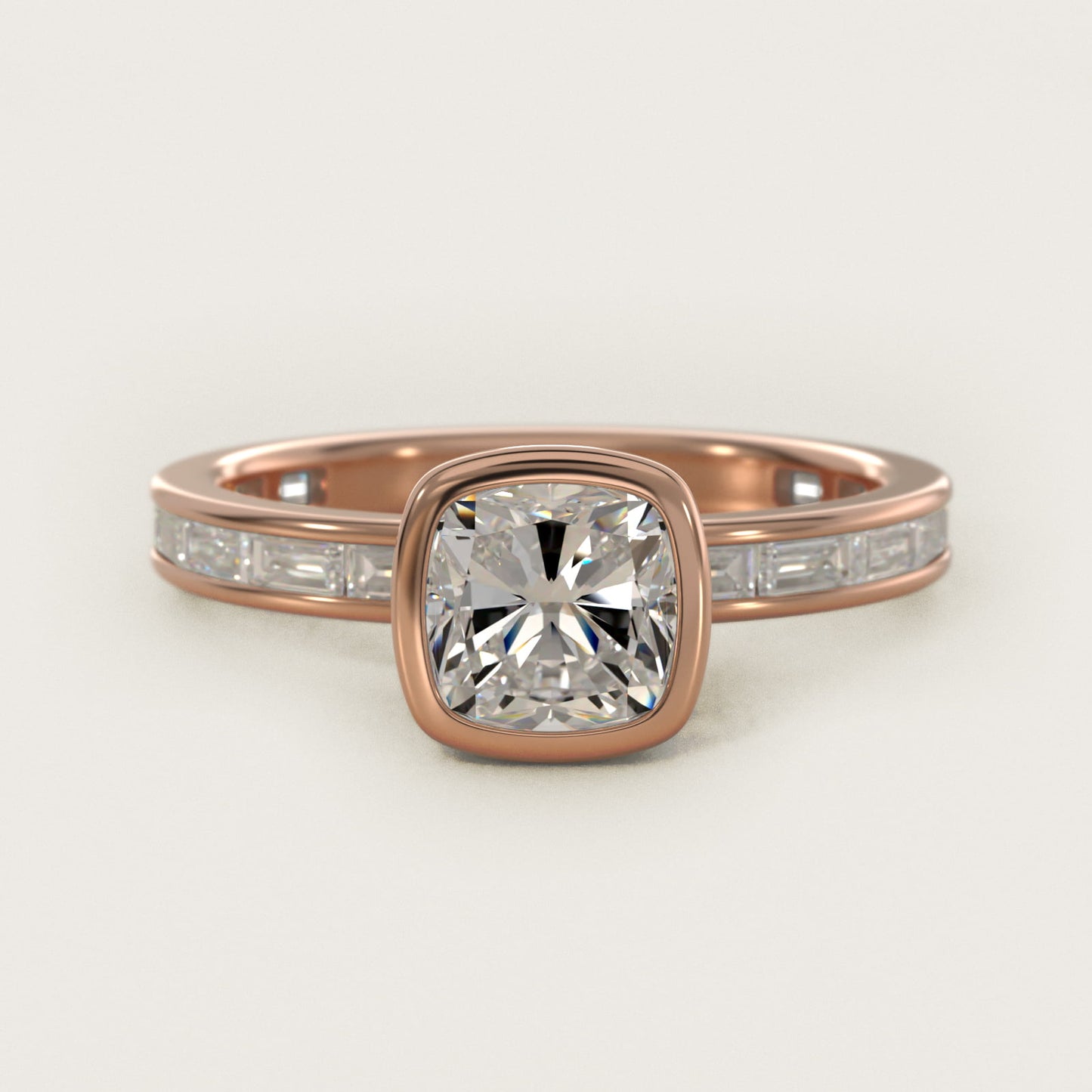 Bezel Engagement Ring with Channel Set Diamond Accent in 18k Rose Gold - Cushion Center